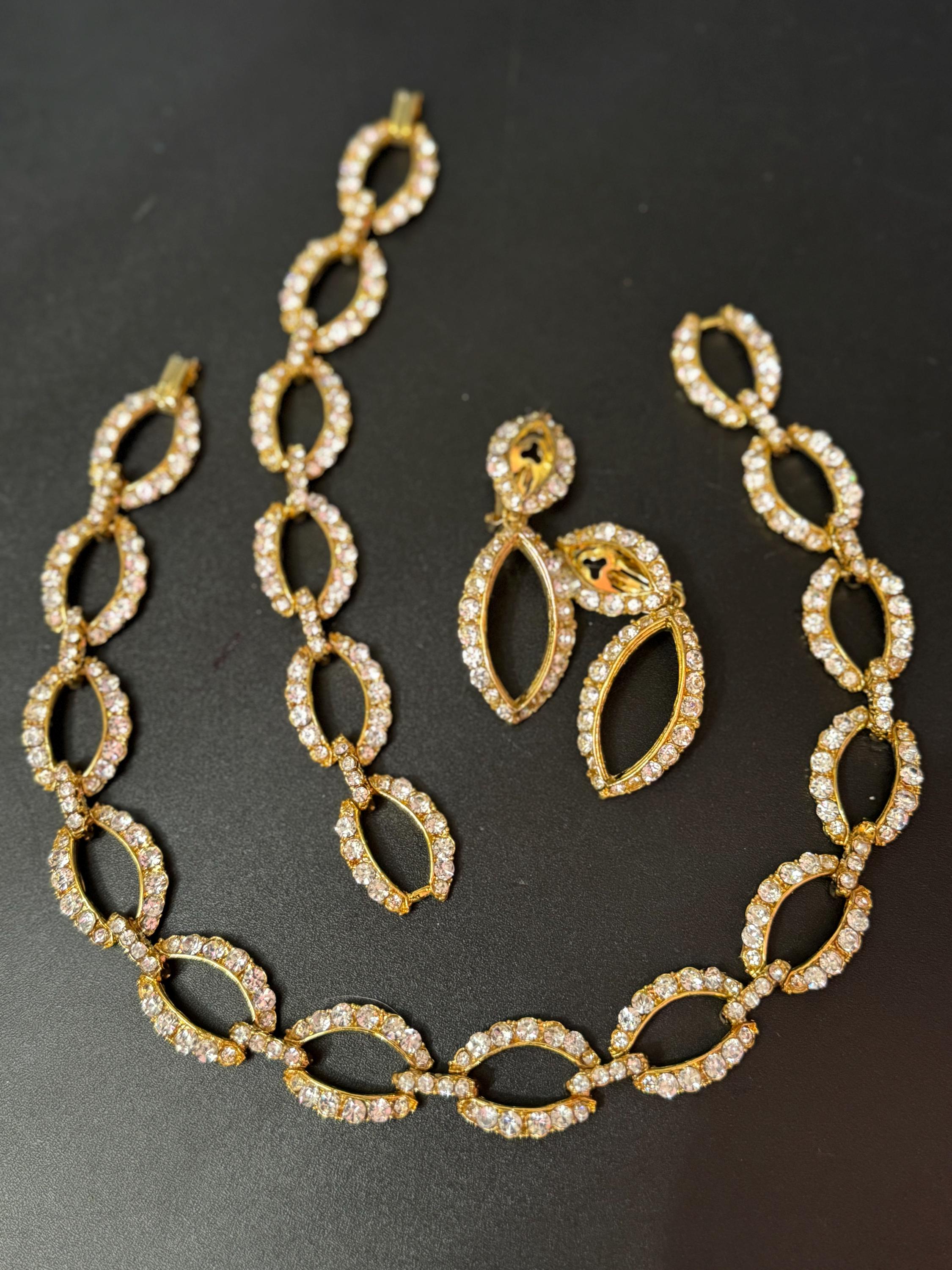 Vintage gold tone clear diamanté rhinestone wide choker necklace bracelet and long drop clip on earring matching set