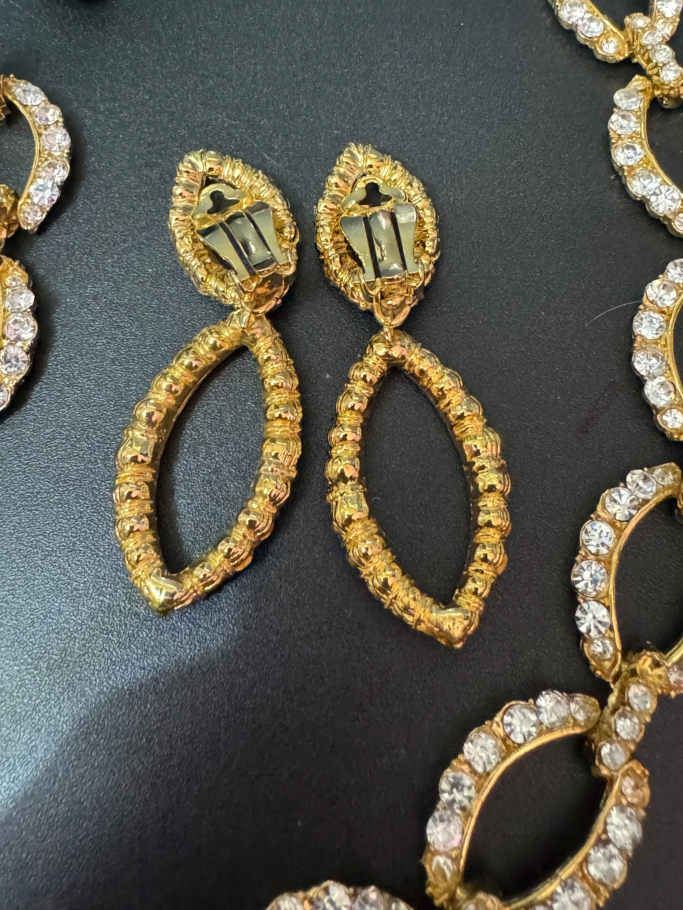 Vintage gold tone clear diamanté rhinestone wide choker necklace bracelet and long drop clip on earring matching set