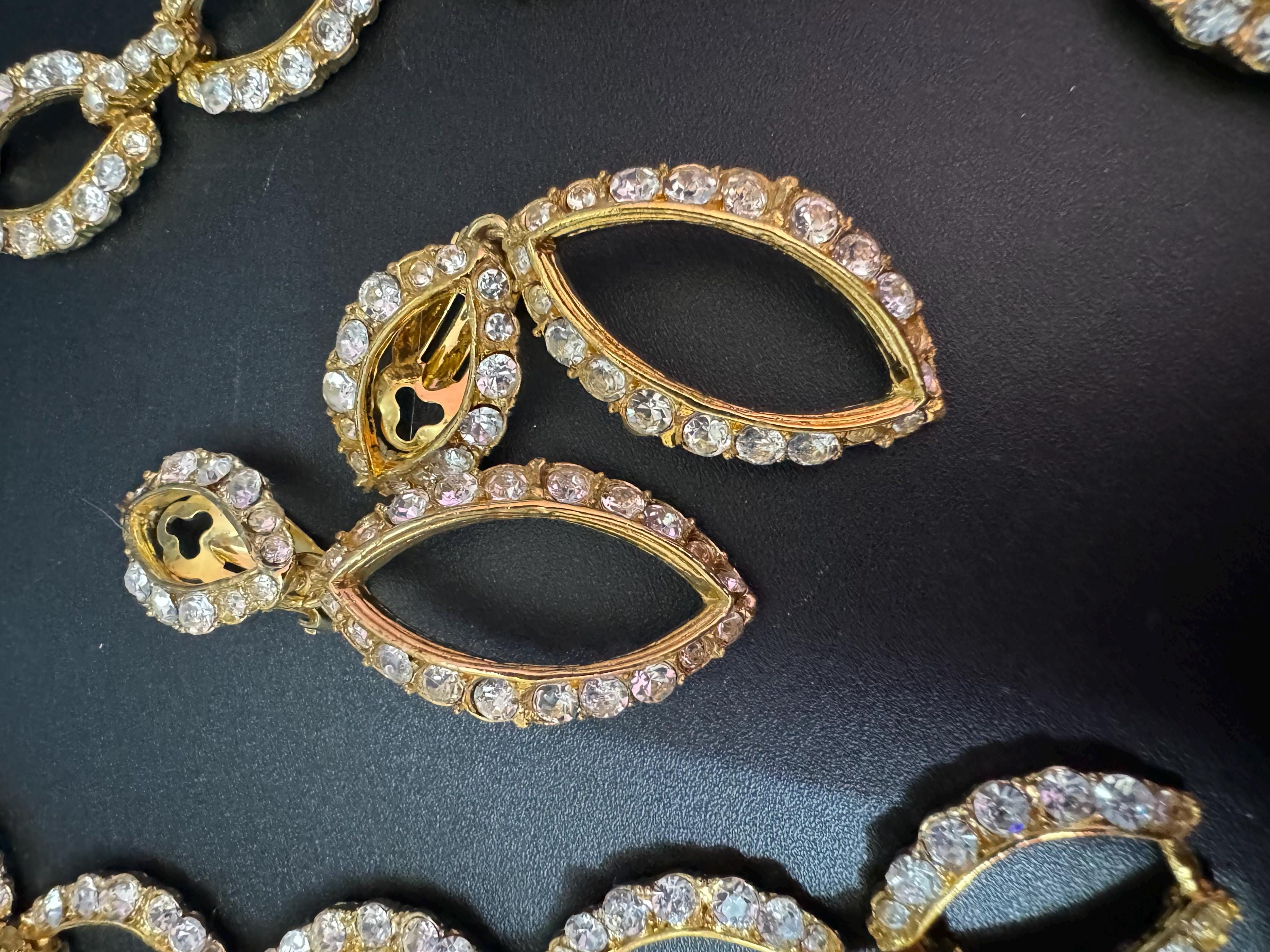 Vintage gold tone clear diamanté rhinestone wide choker necklace bracelet and long drop clip on earring matching set