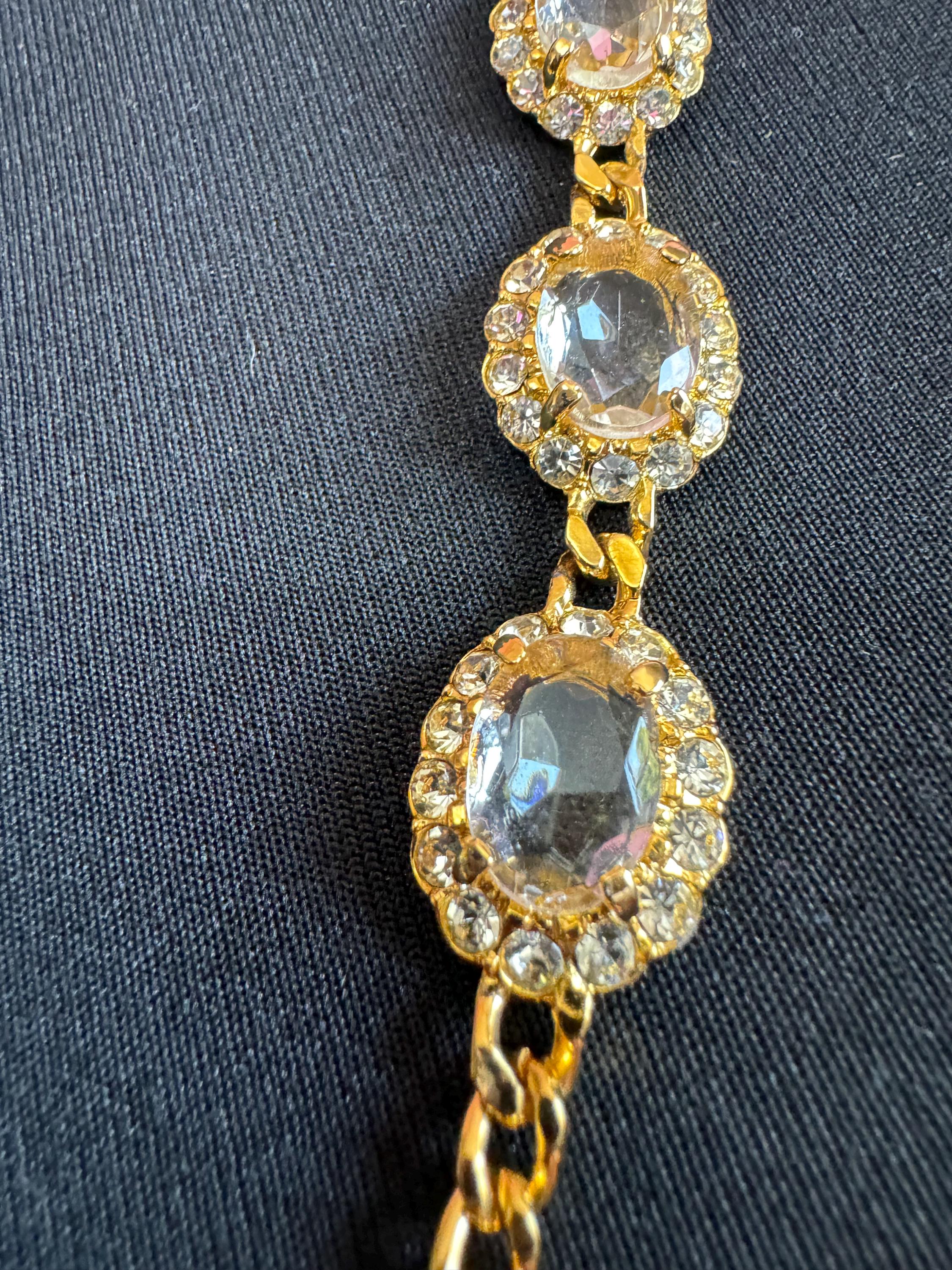 Vintage genuine clear Swarovski crystal long gold tone chain station necklace with oval rhinestones 84cm and 23mm oval clip on earrings