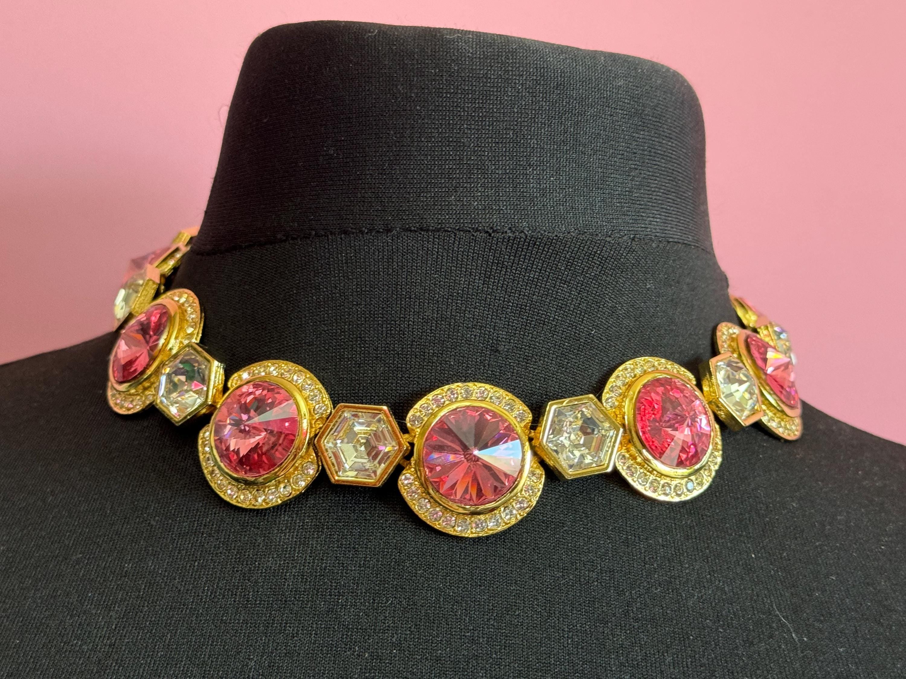 High end Vintage Swarovski Crystal gold tone pink and clear rivoli set rhinestone wide statement choker necklace old shop stock