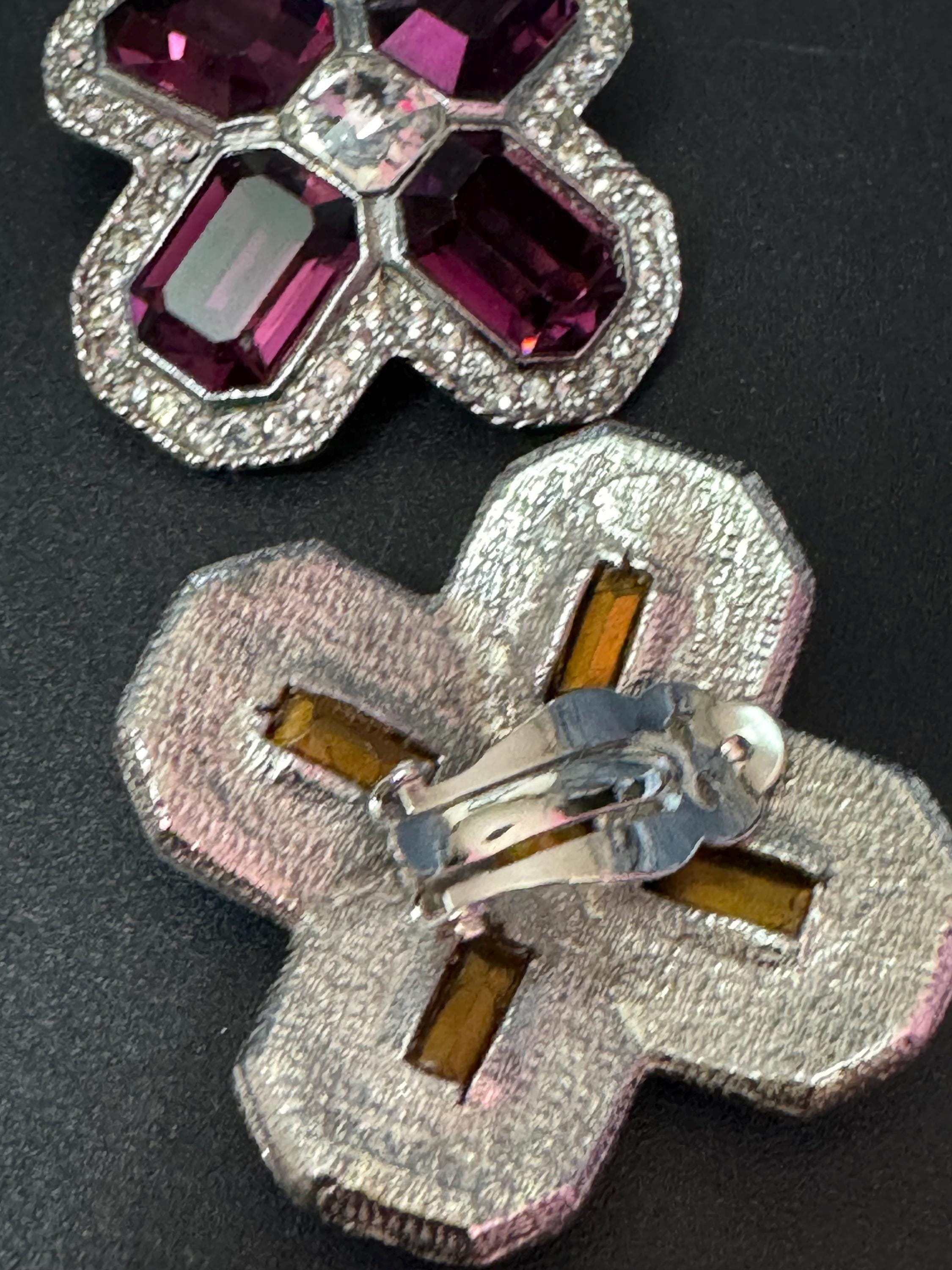 vintage oversized 4cm silver tone purple and clear Swarovski crystal cross earrings 1980s high end old shop stock