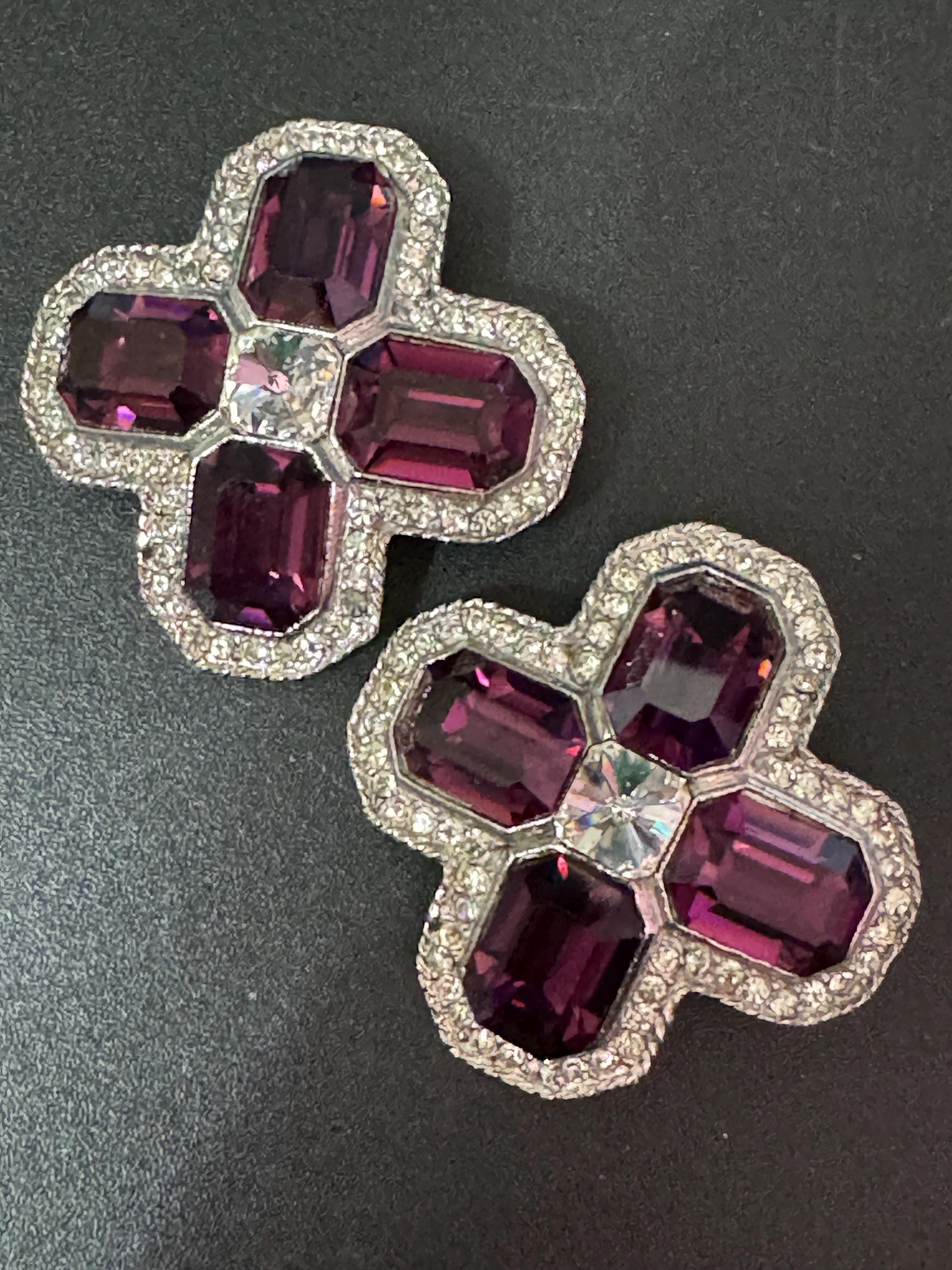 vintage oversized 4cm silver tone purple and clear Swarovski crystal cross earrings 1980s high end old shop stock