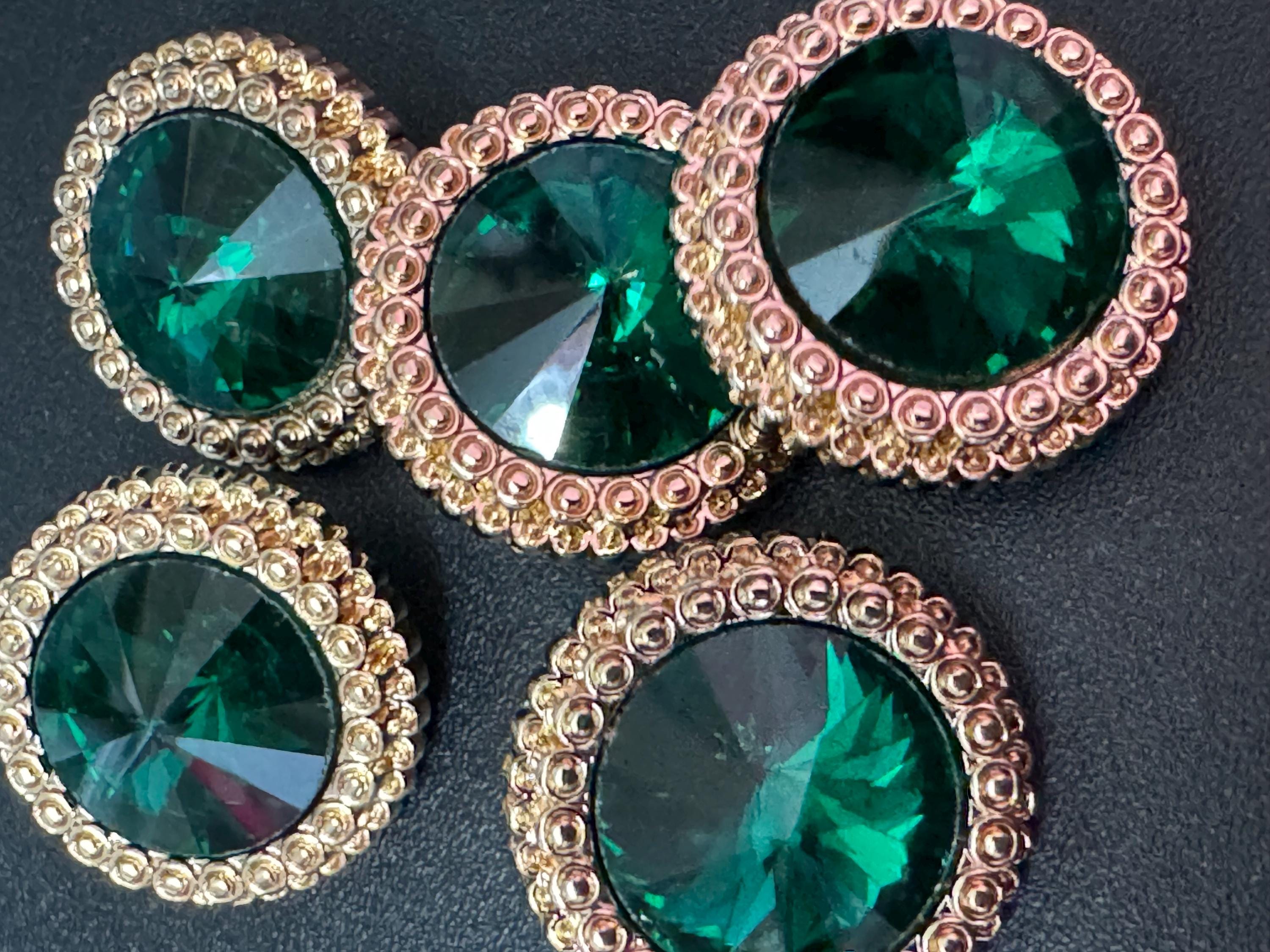 21mm Emerald Green Rivoli Crystal Glass Buttons Pack of 5 – Gold Tone Metal Shank, High-Quality Round Crystal Buttons for Sewing crafts