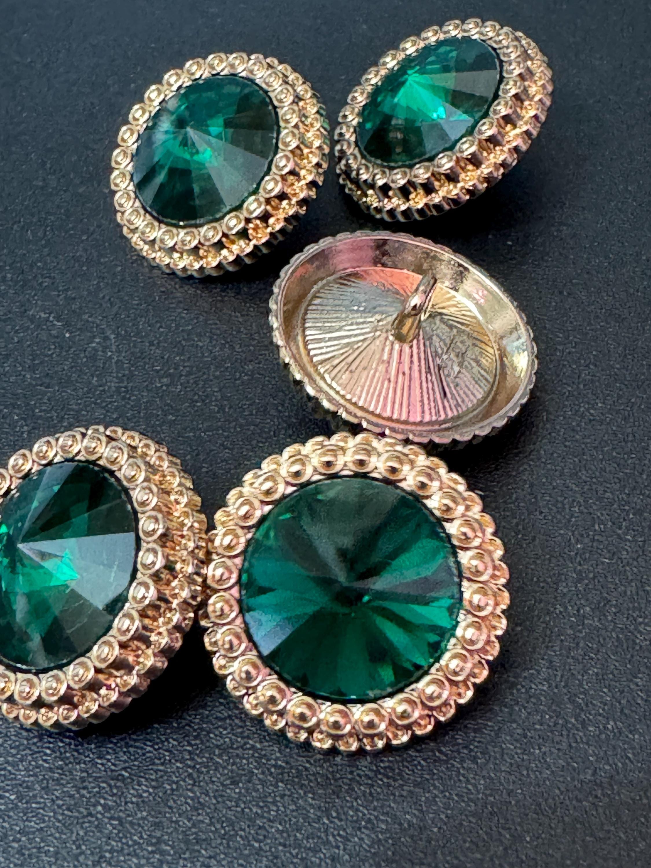 21mm Emerald Green Rivoli Crystal Glass Buttons Pack of 5 – Gold Tone Metal Shank, High-Quality Round Crystal Buttons for Sewing crafts