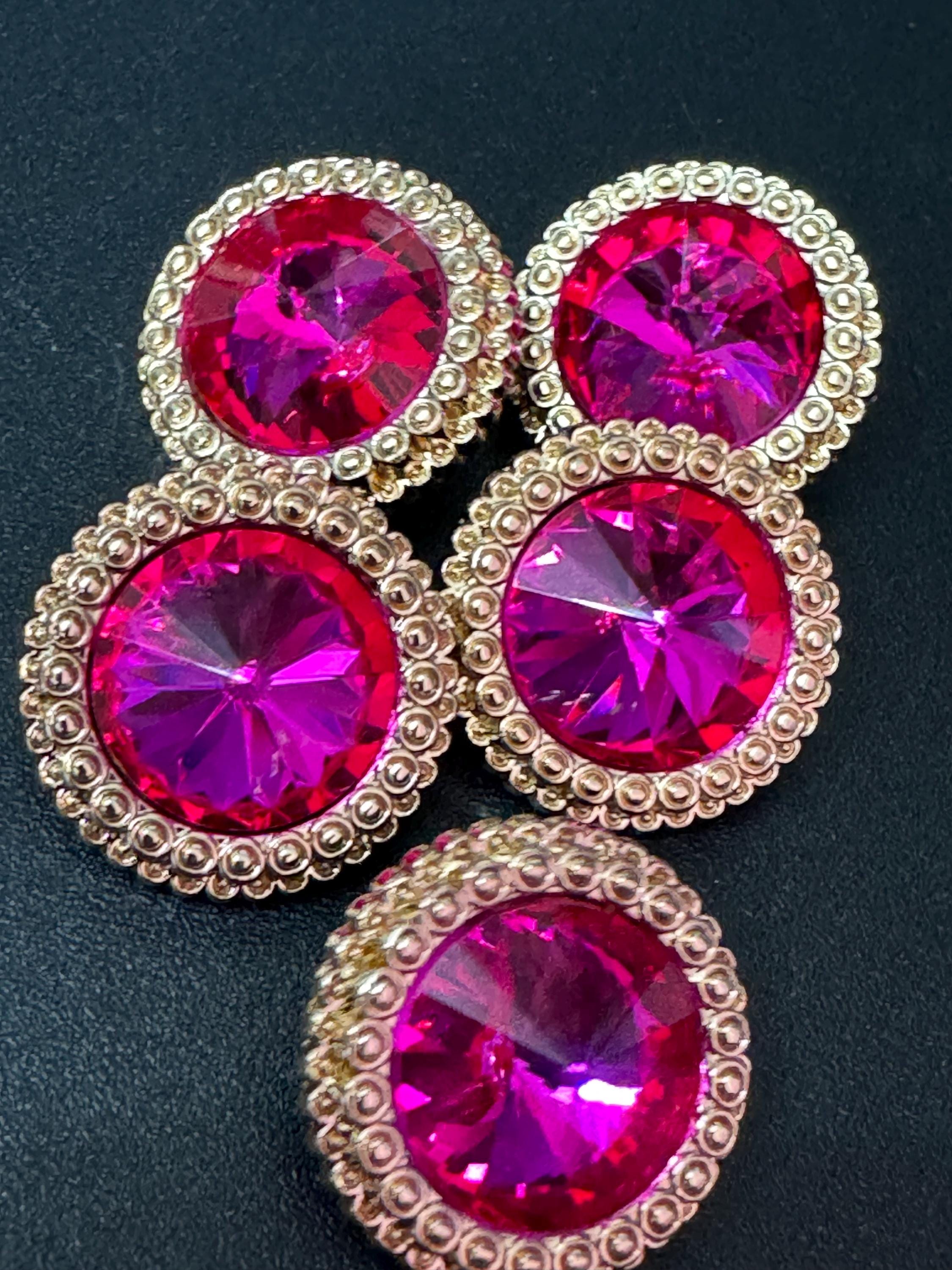21mm Bright Pink Rivoli Crystal Glass Buttons Pack of 5 – Gold Tone Metal Shank, High-Quality Round Crystal Buttons for Sewing & Crafts