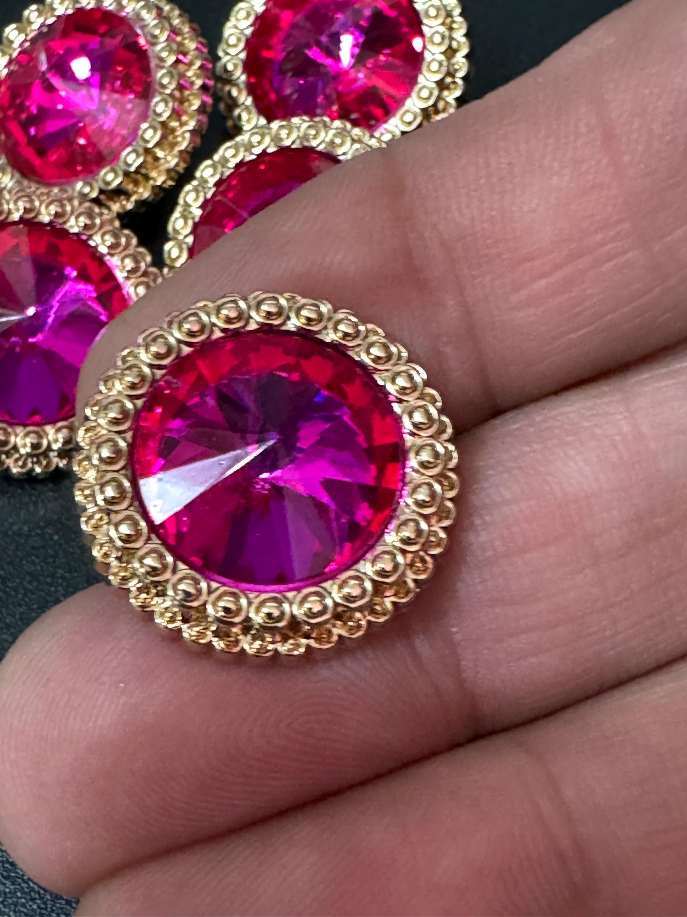 21mm Bright Pink Rivoli Crystal Glass Buttons Pack of 5 – Gold Tone Metal Shank, High-Quality Round Crystal Buttons for Sewing & Crafts