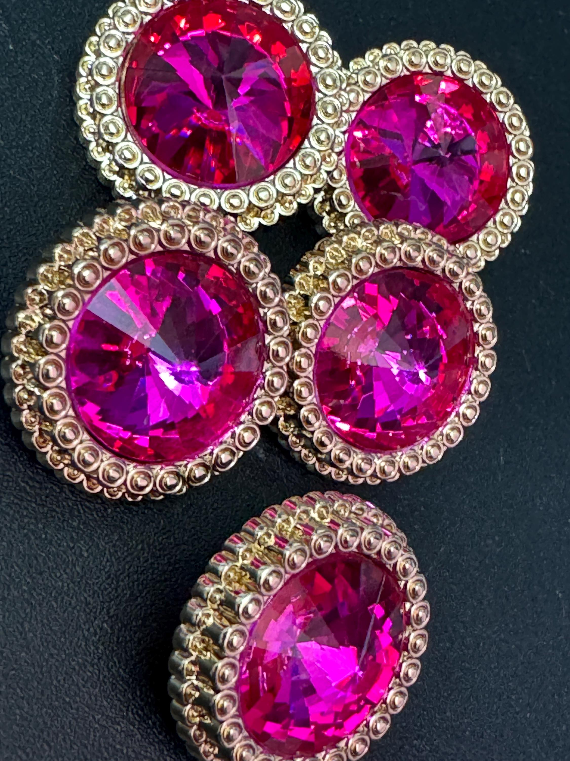 21mm Bright Pink Rivoli Crystal Glass Buttons Pack of 5 – Gold Tone Metal Shank, High-Quality Round Crystal Buttons for Sewing & Crafts