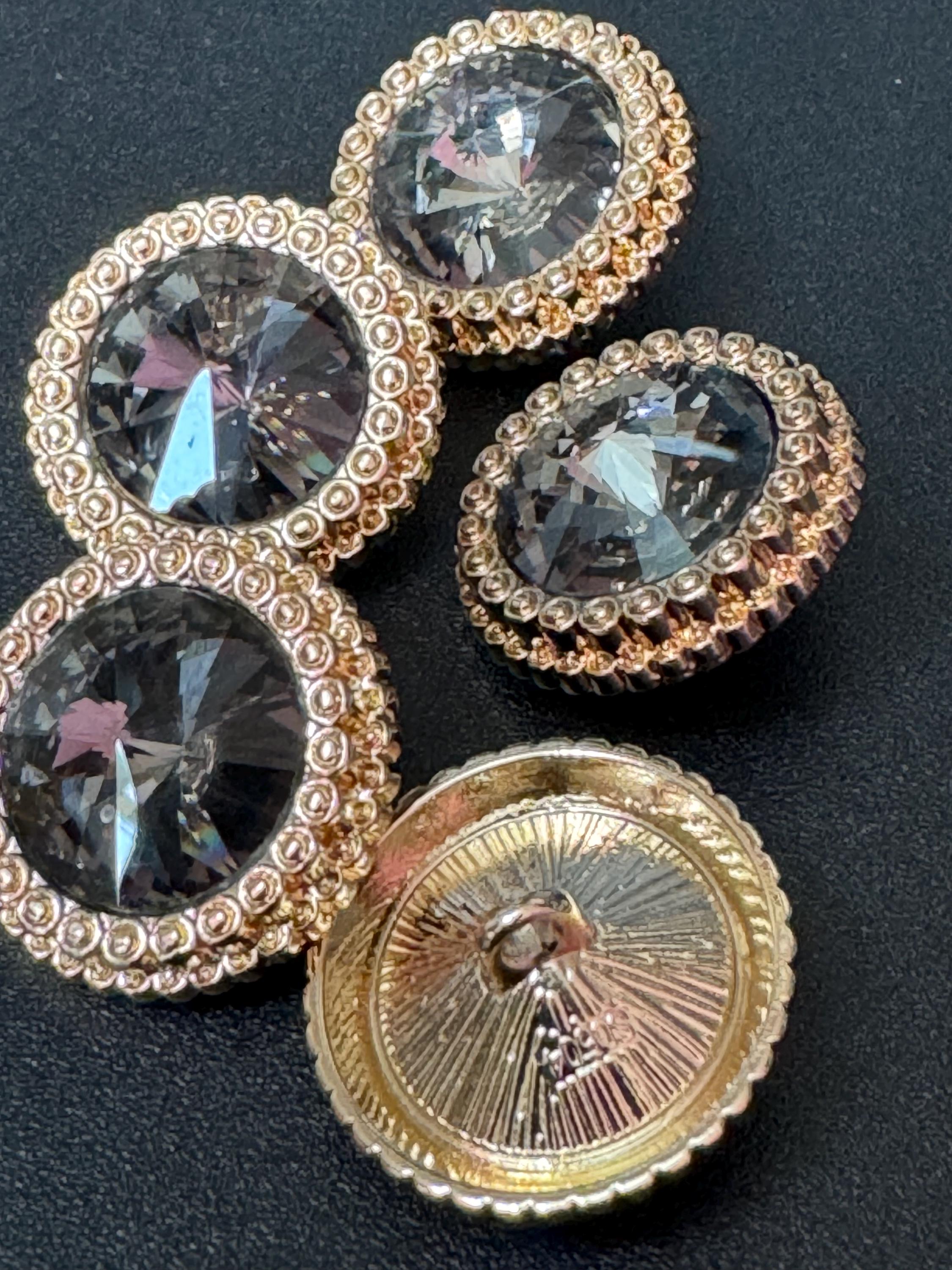 21mm Dark Grey Rivoli Crystal Glass Buttons Pack of 5 – Gold Tone Metal Shank, Elegant High-Quality Round Crystal Buttons for Sewing