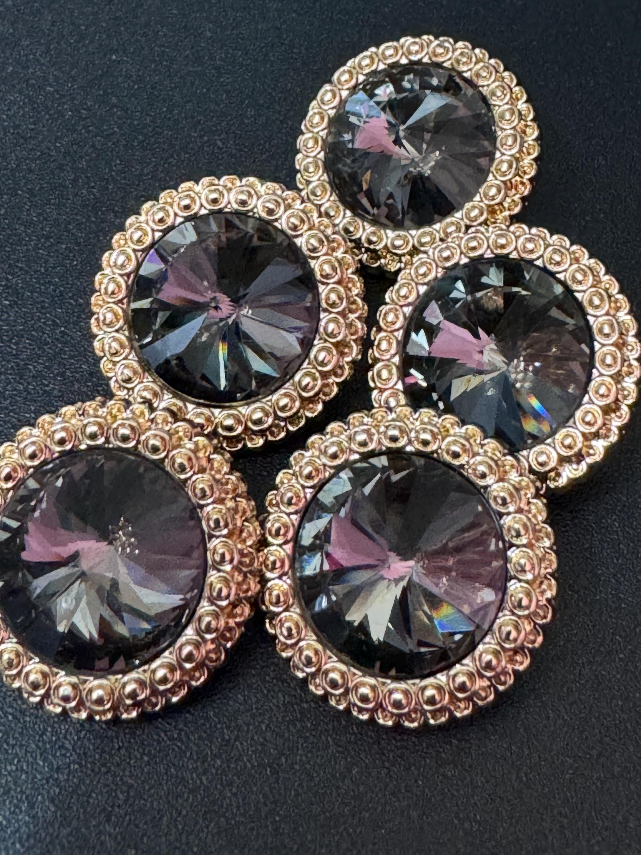 21mm Dark Grey Rivoli Crystal Glass Buttons Pack of 5 – Gold Tone Metal Shank, Elegant High-Quality Round Crystal Buttons for Sewing