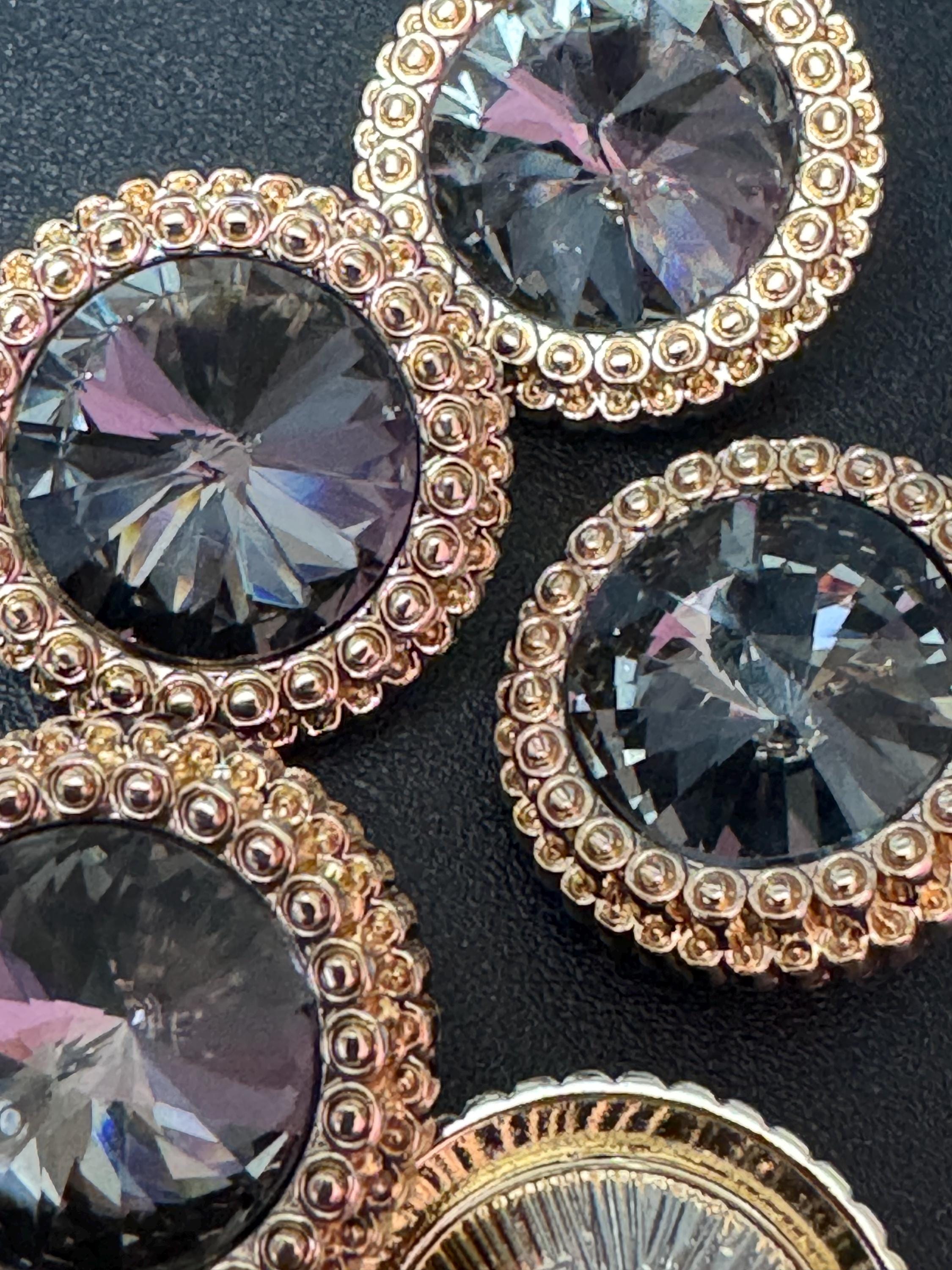 21mm Dark Grey Rivoli Crystal Glass Buttons Pack of 5 – Gold Tone Metal Shank, Elegant High-Quality Round Crystal Buttons for Sewing