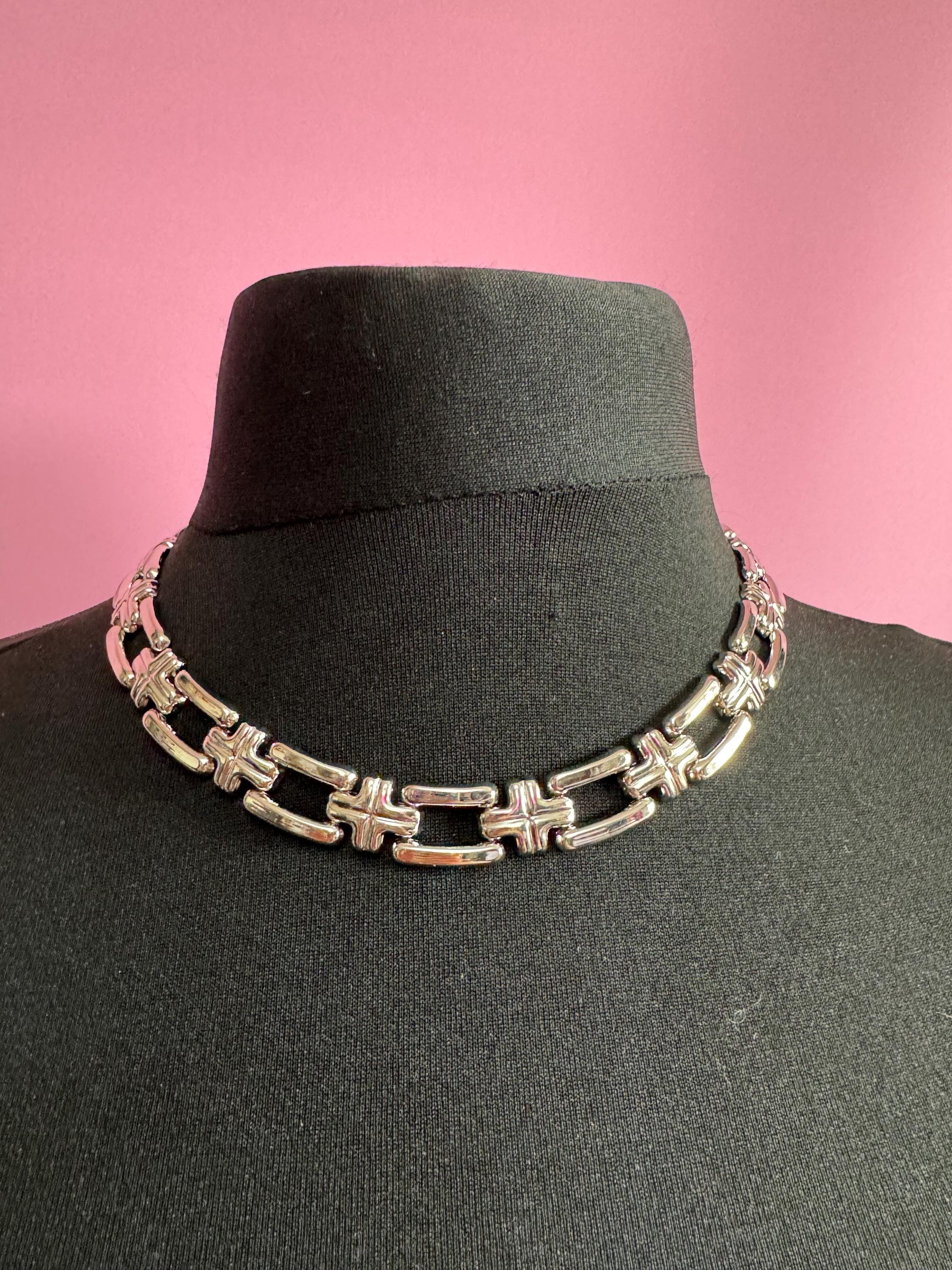 Vintage 1980s silver tone wide choker necklace old shop stock 45 x 1.5cm