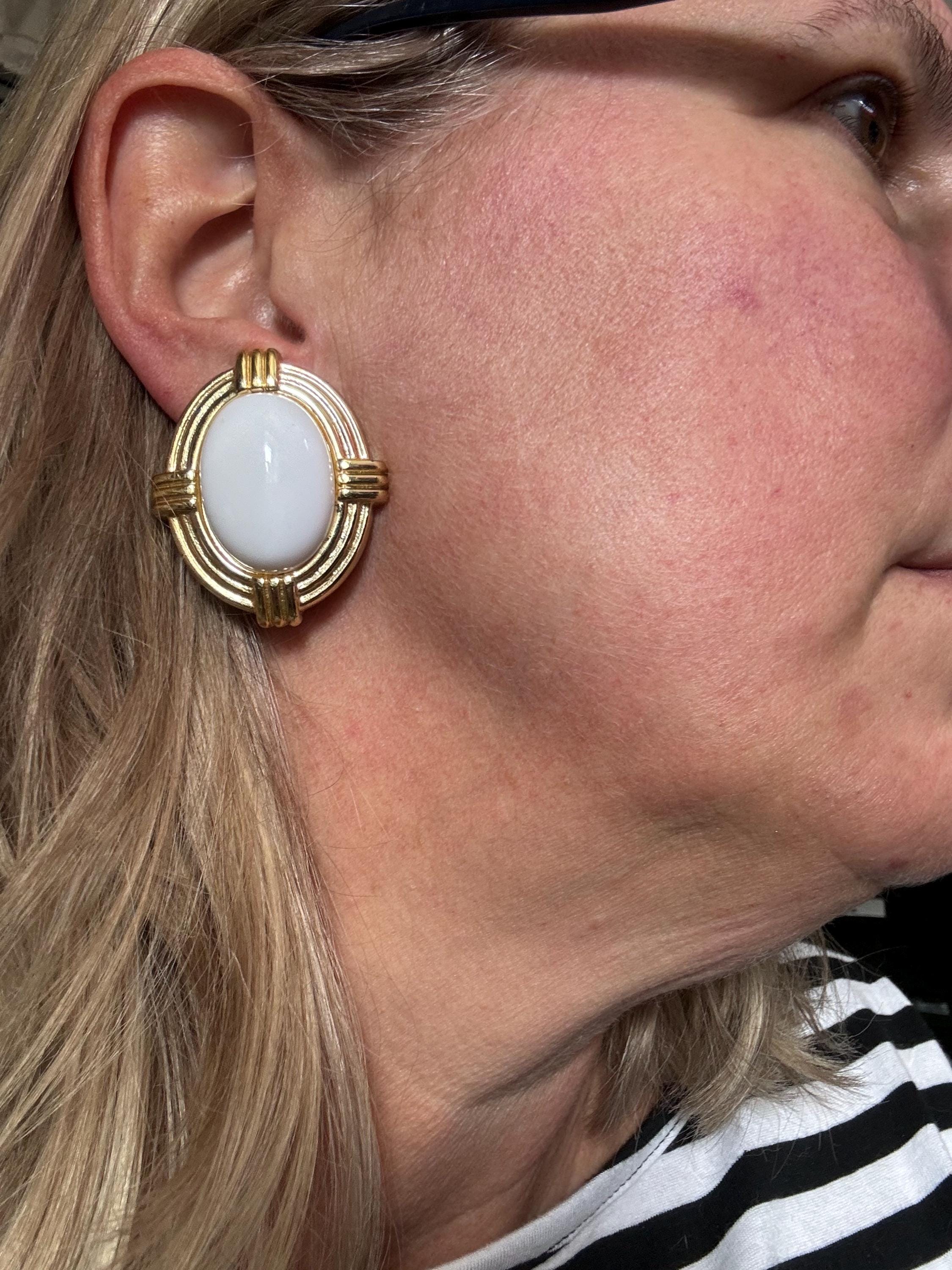 Oversized vintage oval white button low domed plastic button Clip On Earrings gold tone lightweight 4cm