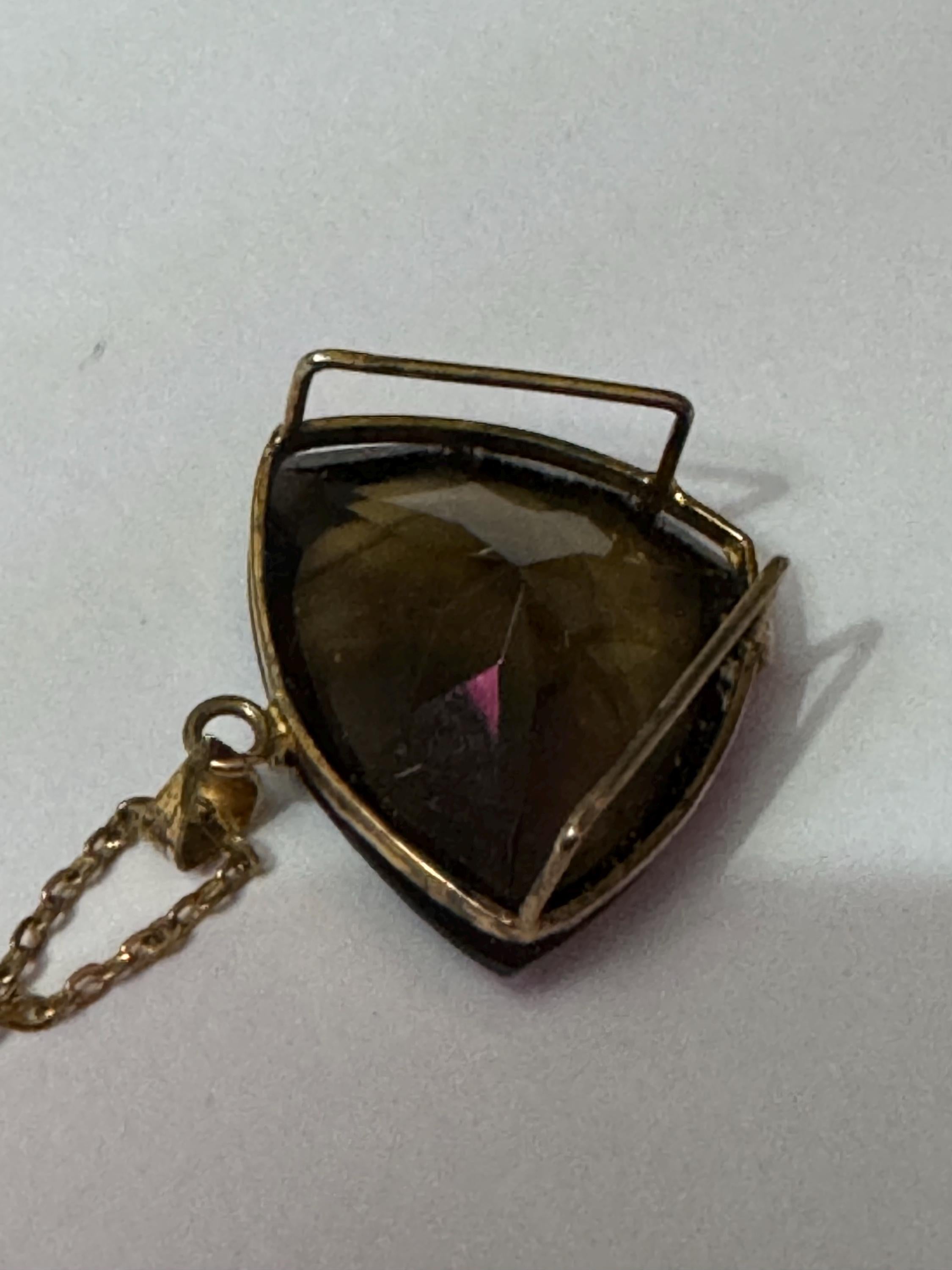 Vintage silver gilt gold tone brown cognac glass pendant on a 44cm chain brutalist