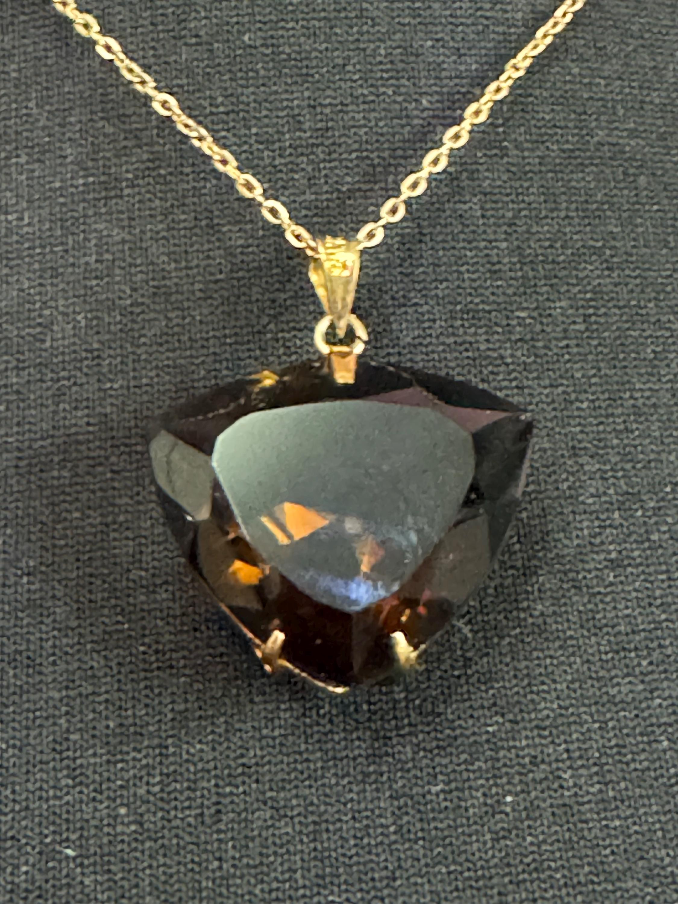 Vintage silver gilt gold tone brown cognac glass pendant on a 44cm chain brutalist