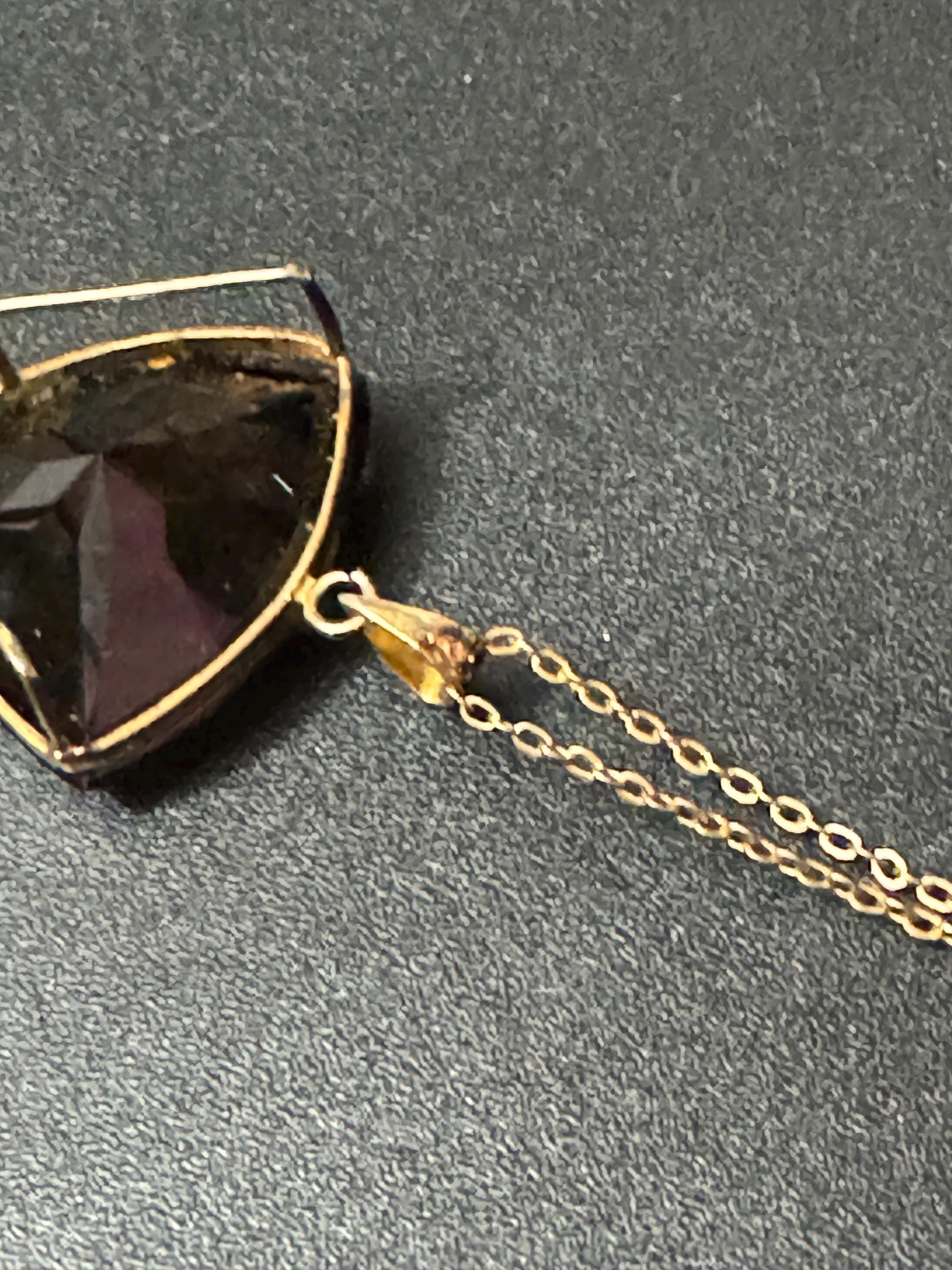 Vintage silver gilt gold tone brown cognac glass pendant on a 44cm chain brutalist