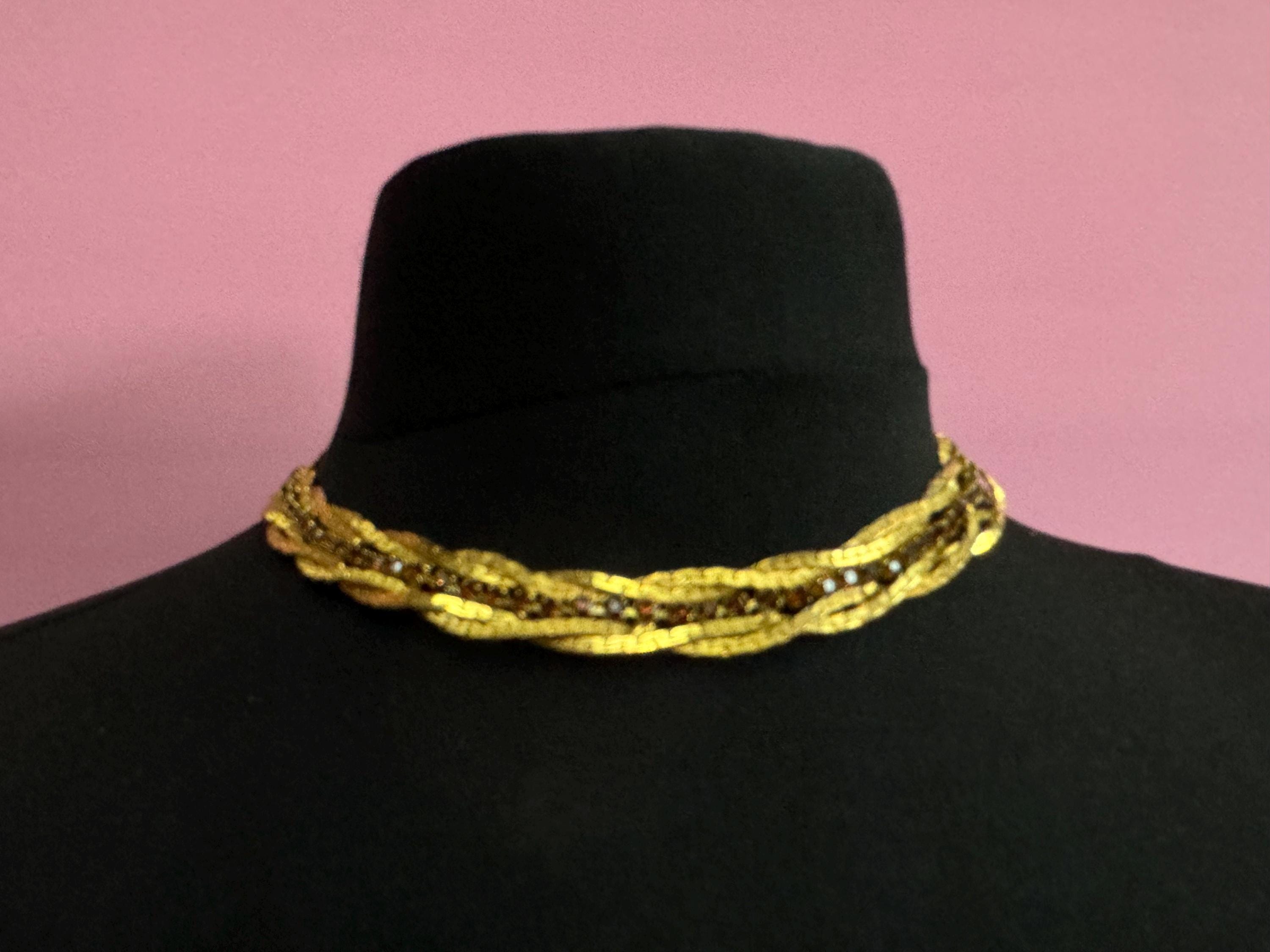 Petite neck 39cm vintage brown cognac glass diamanté wide mesh choker necklace