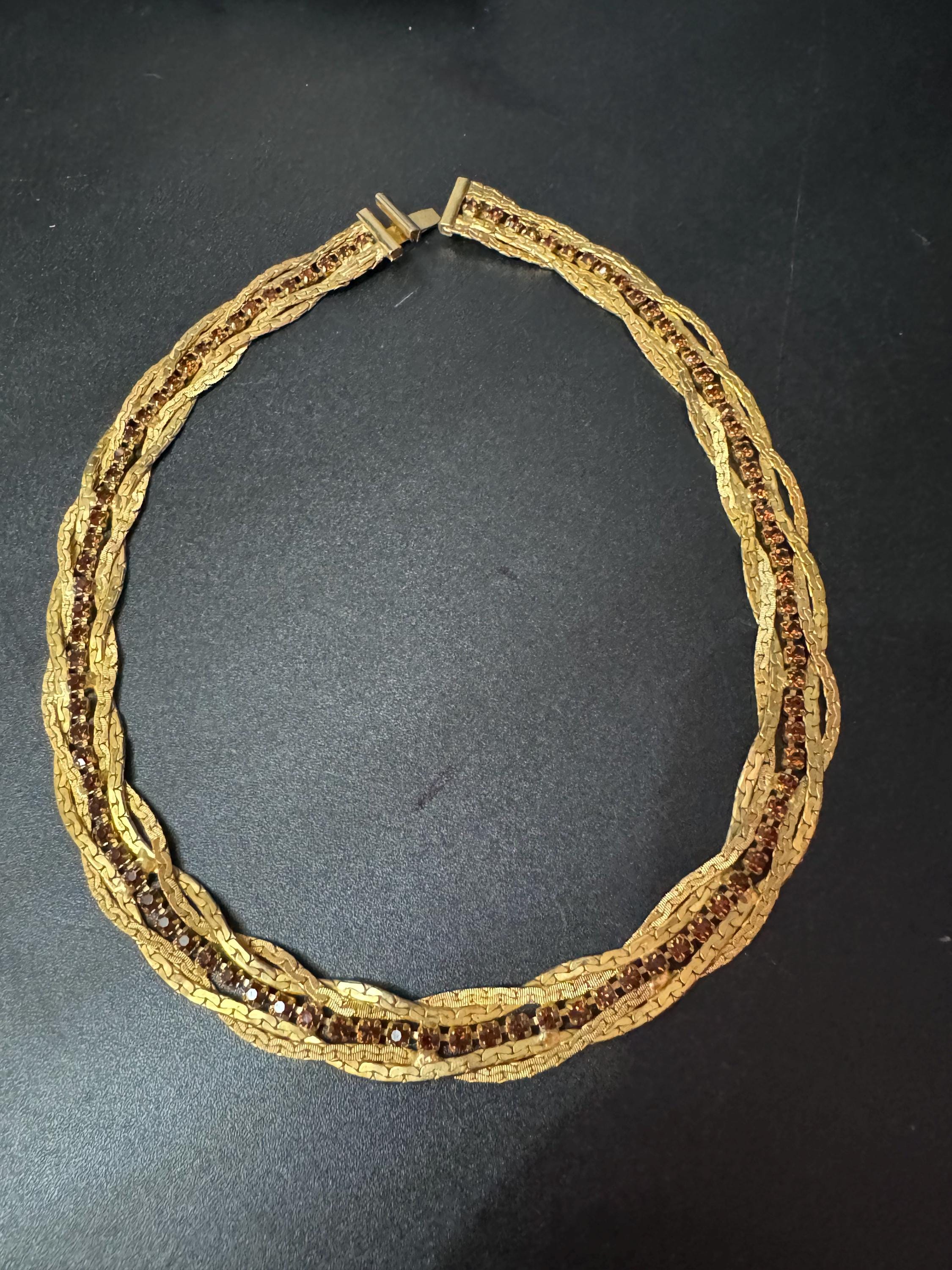 Petite neck 39cm vintage brown cognac glass diamanté wide mesh choker necklace