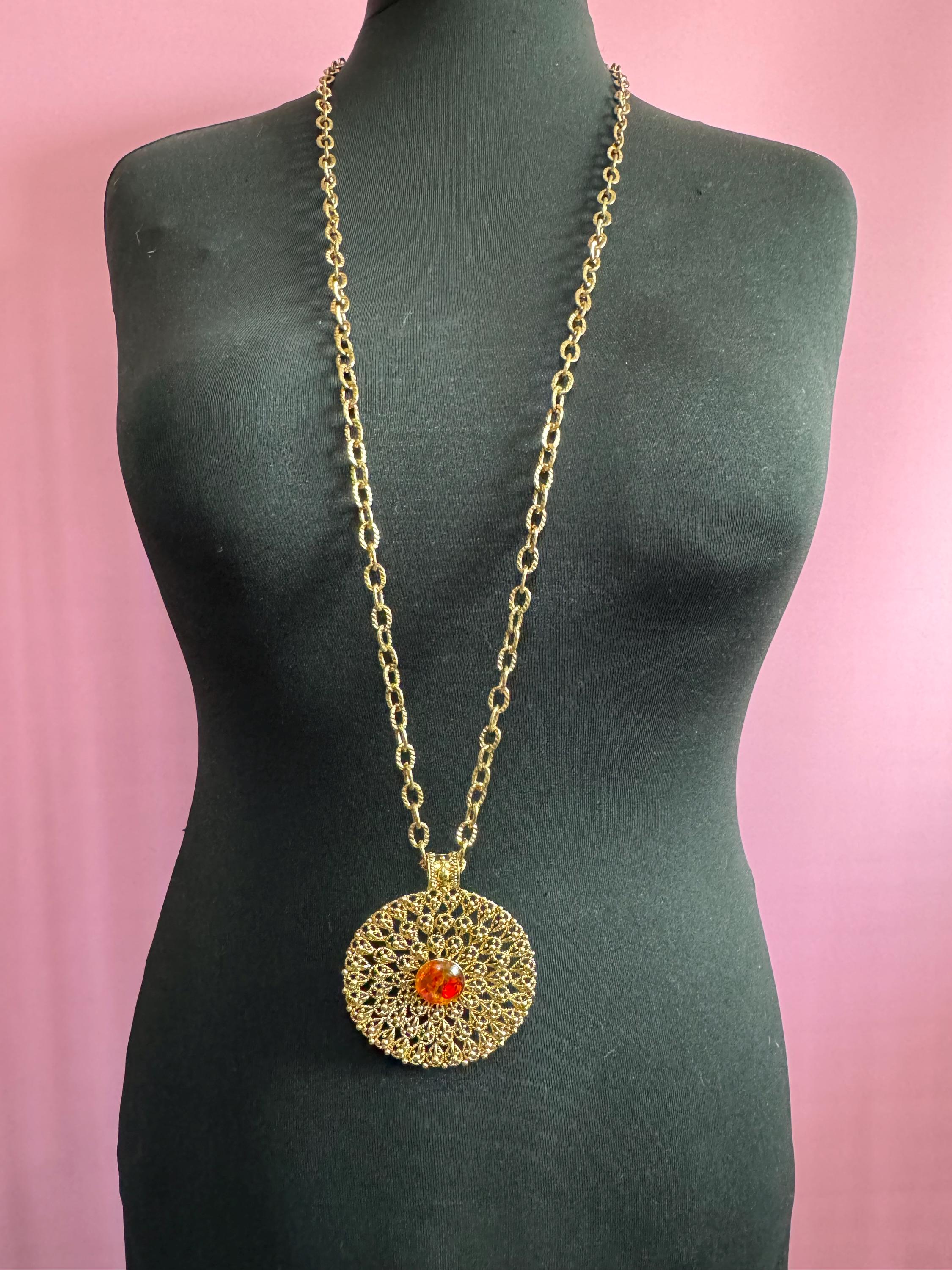 vintage signed vclm gold tone brutalist large round medallion pendant necklace on 100cm chain