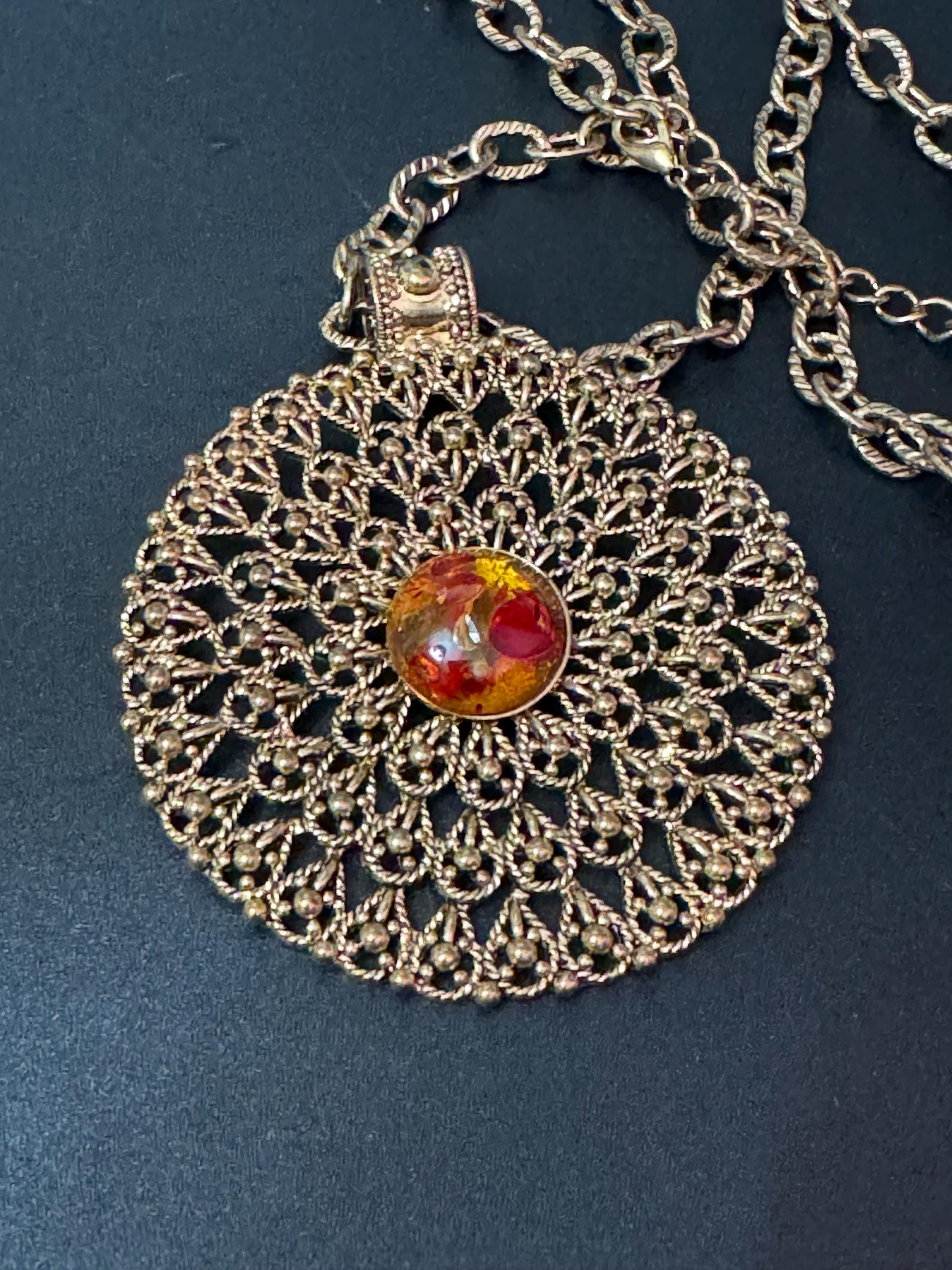 vintage signed vclm gold tone brutalist large round medallion pendant necklace on 100cm chain
