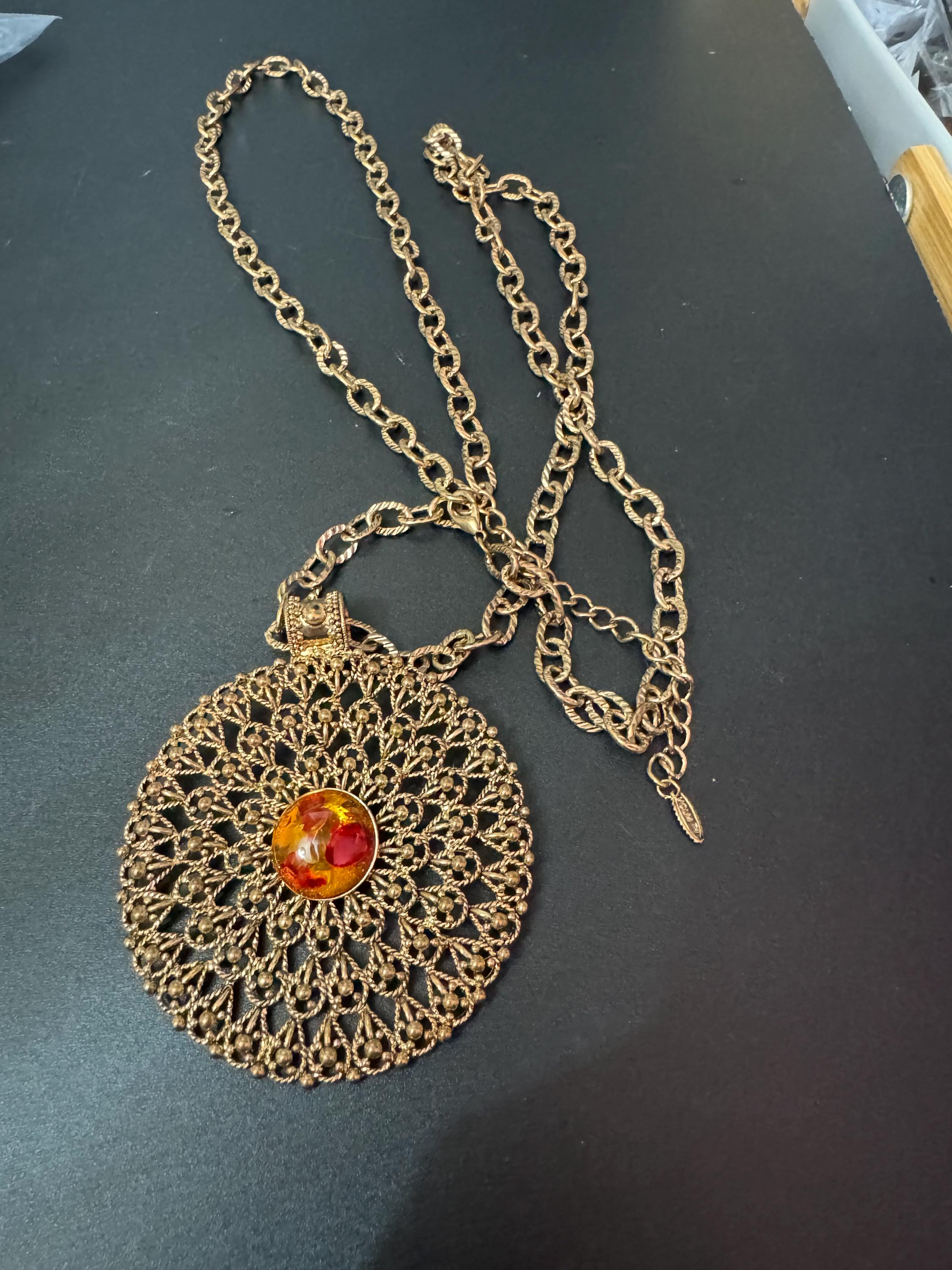 vintage signed vclm gold tone brutalist large round medallion pendant necklace on 100cm chain