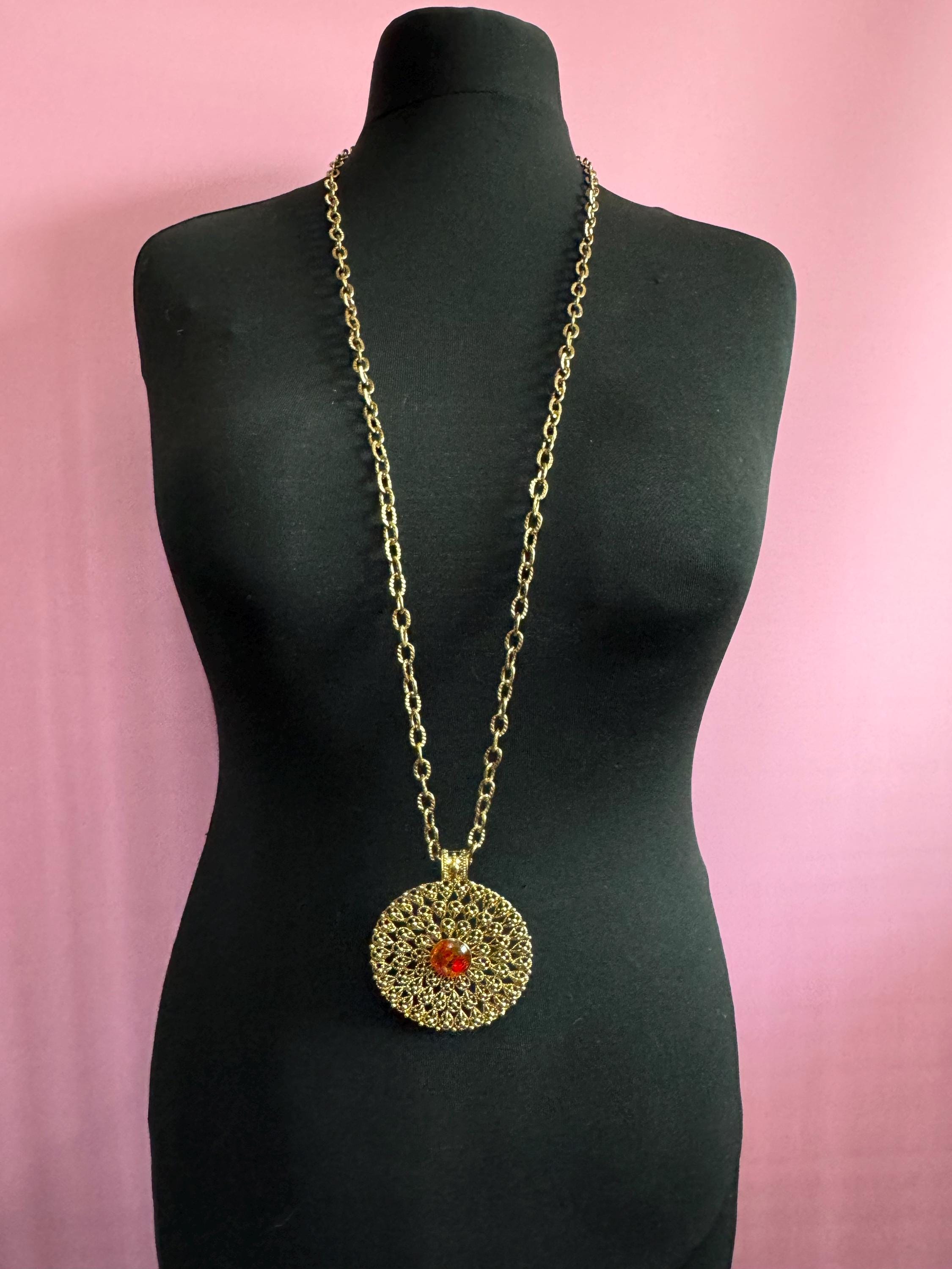 vintage signed vclm gold tone brutalist large round medallion pendant necklace on 100cm chain