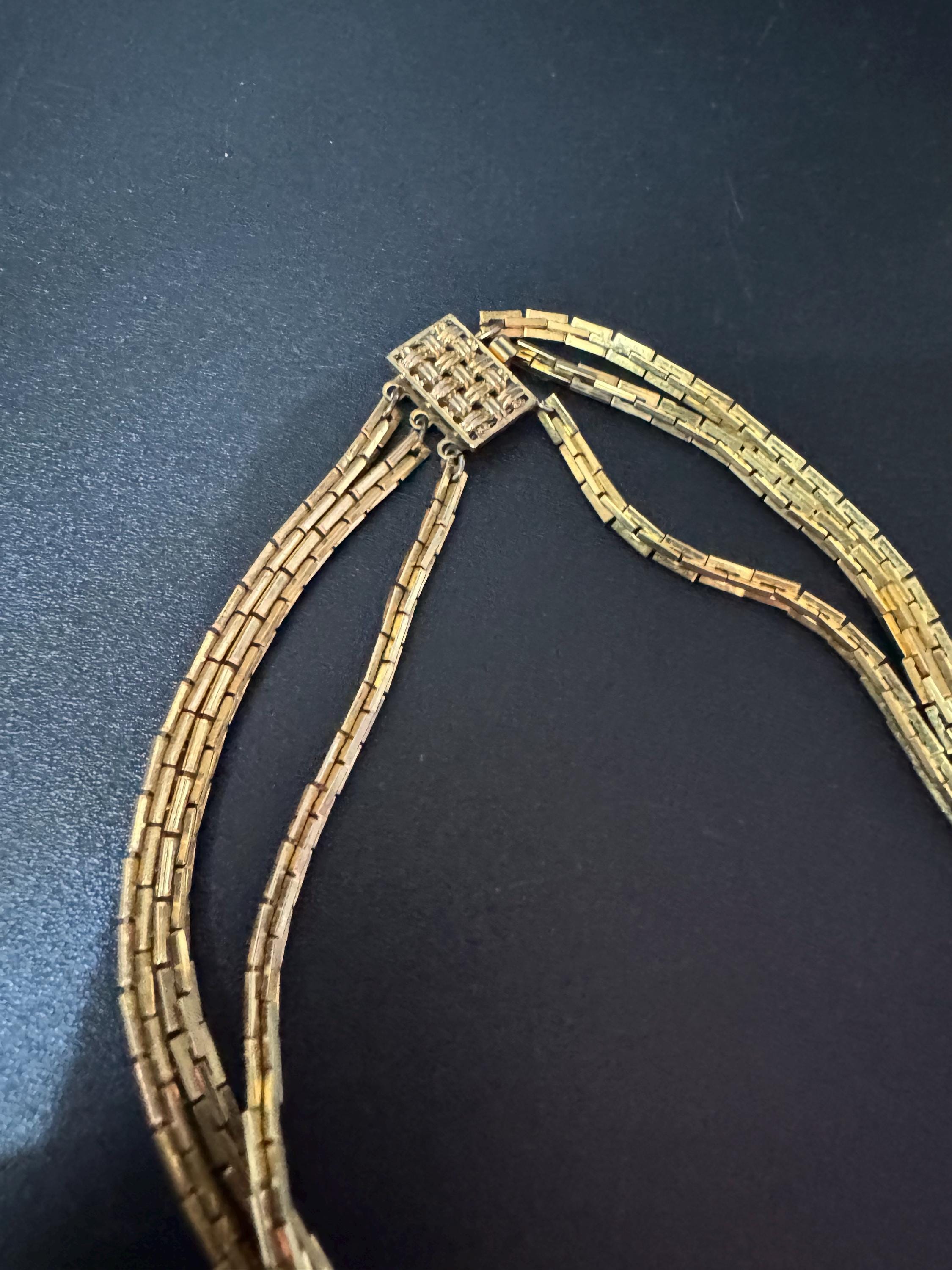 Petite Vintage gold tone flat link multi strand 3 row waterfall long chain necklace 40cm