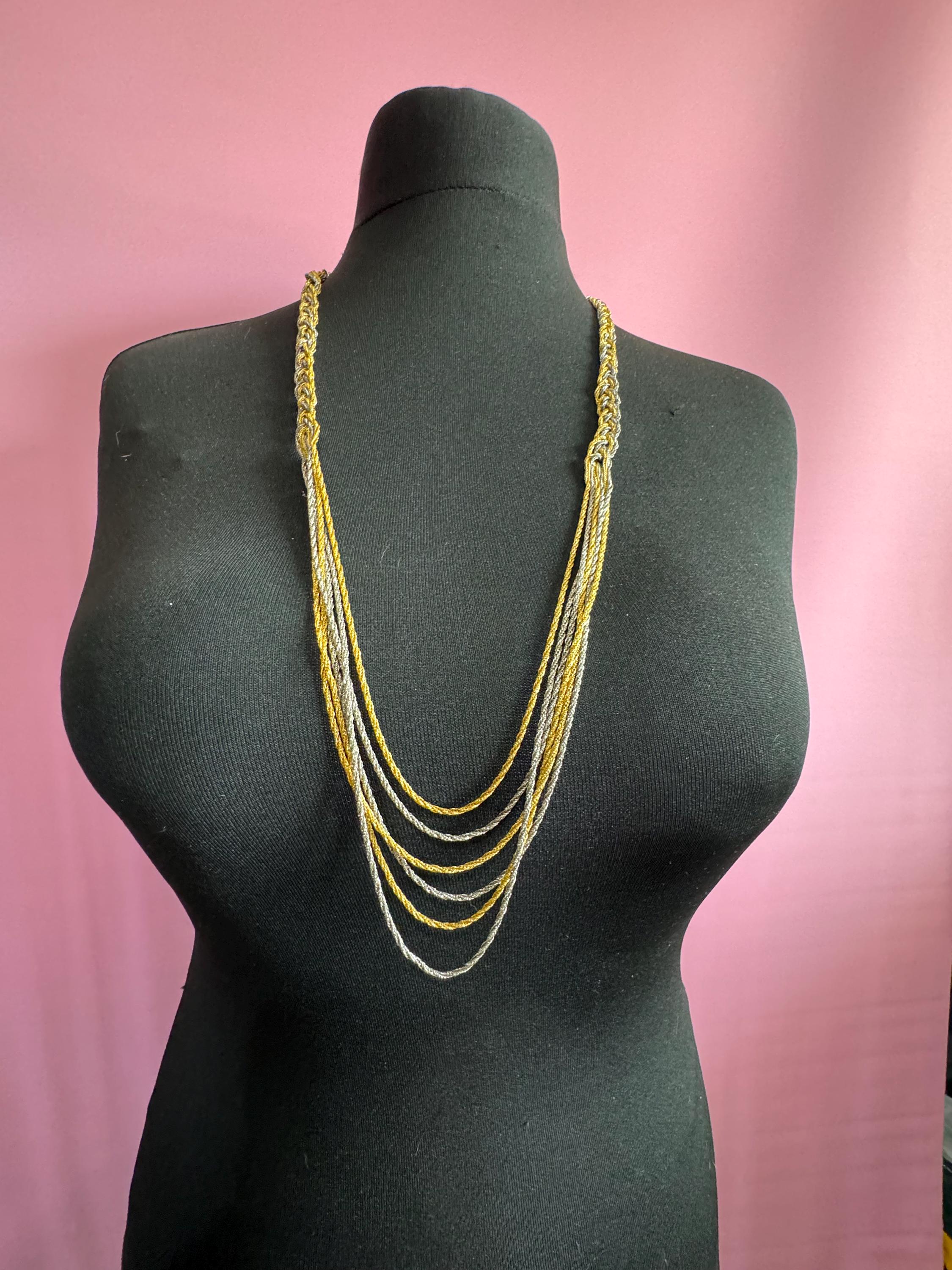 Vintage 1970s gold and silver tone multi strand rope chain link necklace