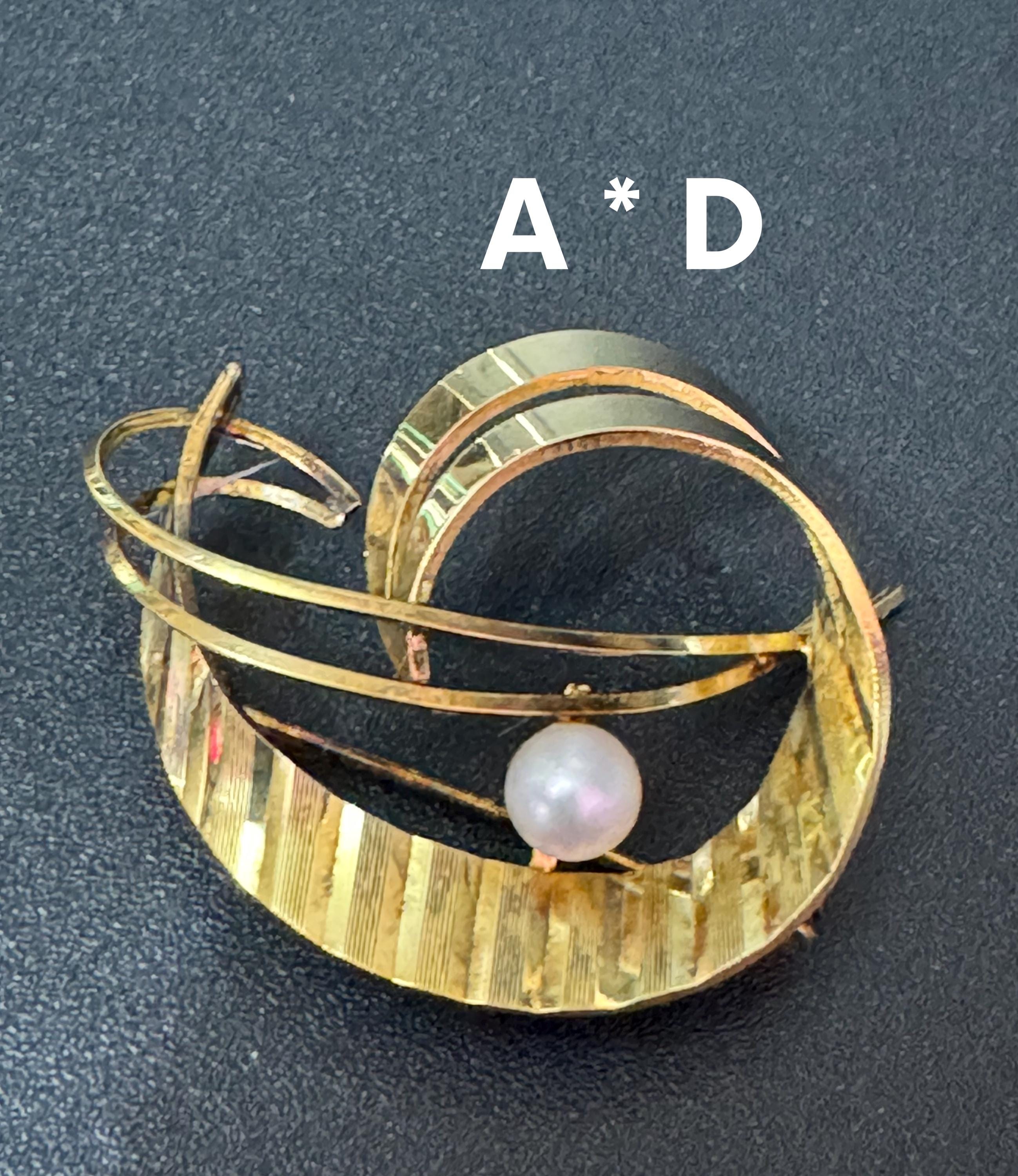 Signed A and D Rolled Gold textured abstract brooch with genuine pearl 1950s