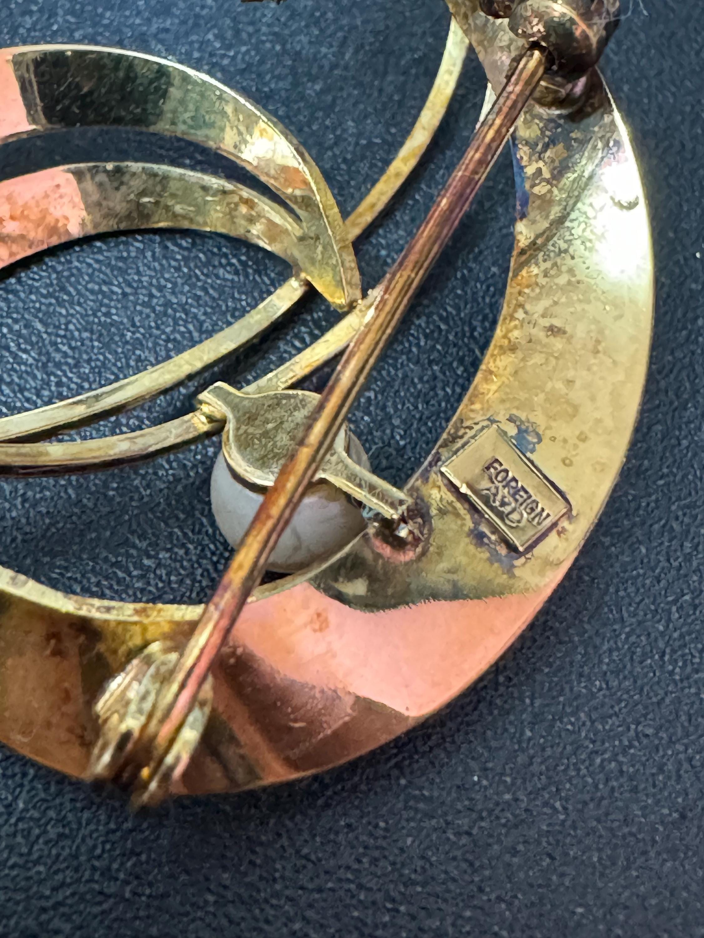 Signed A and D Rolled Gold textured abstract brooch with genuine pearl 1950s