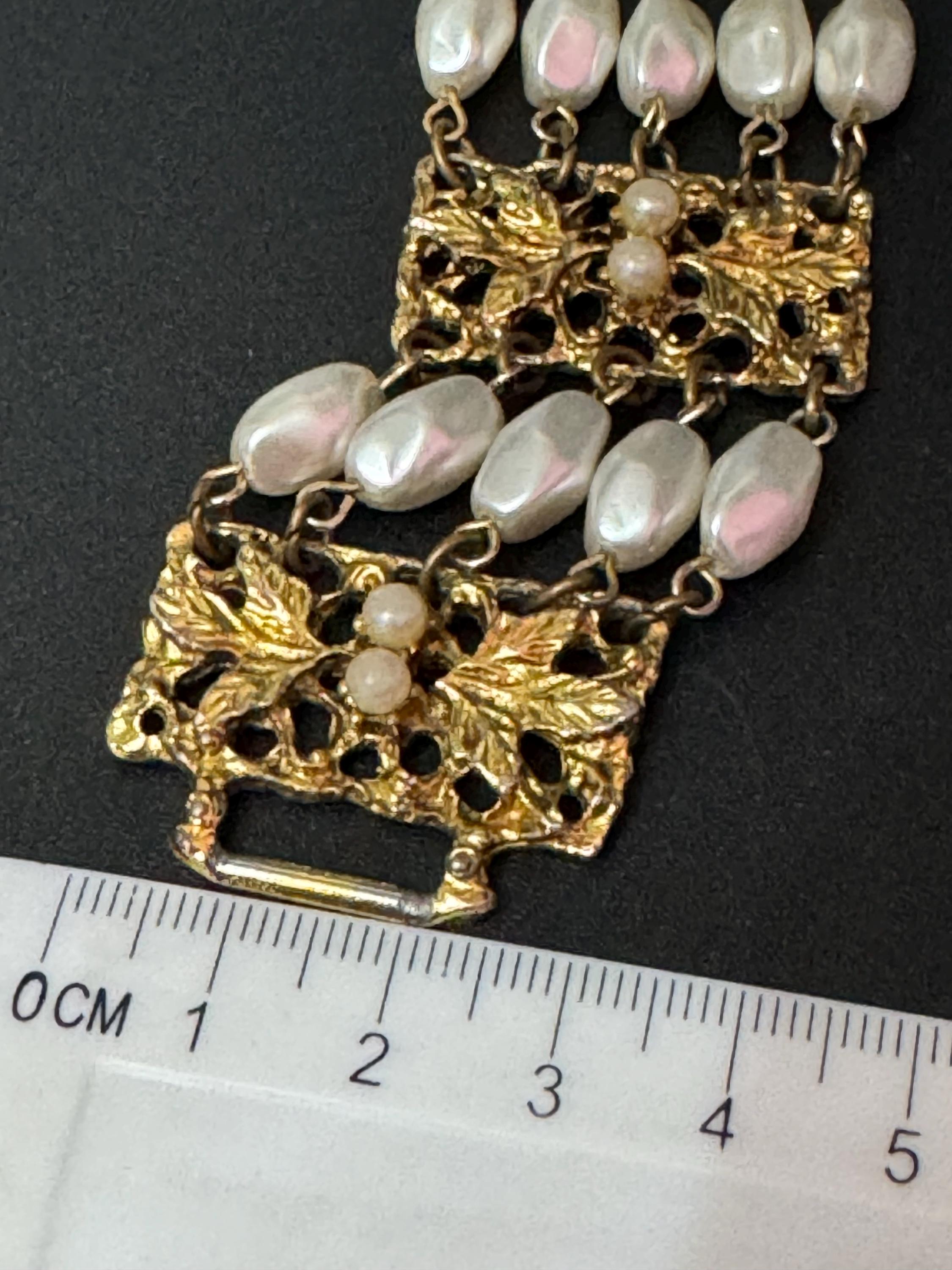 Signed Celebrity Vintage wide gold tone ornate faux pearl chain link modernist bracelet 1970s 1960s statement mid century
