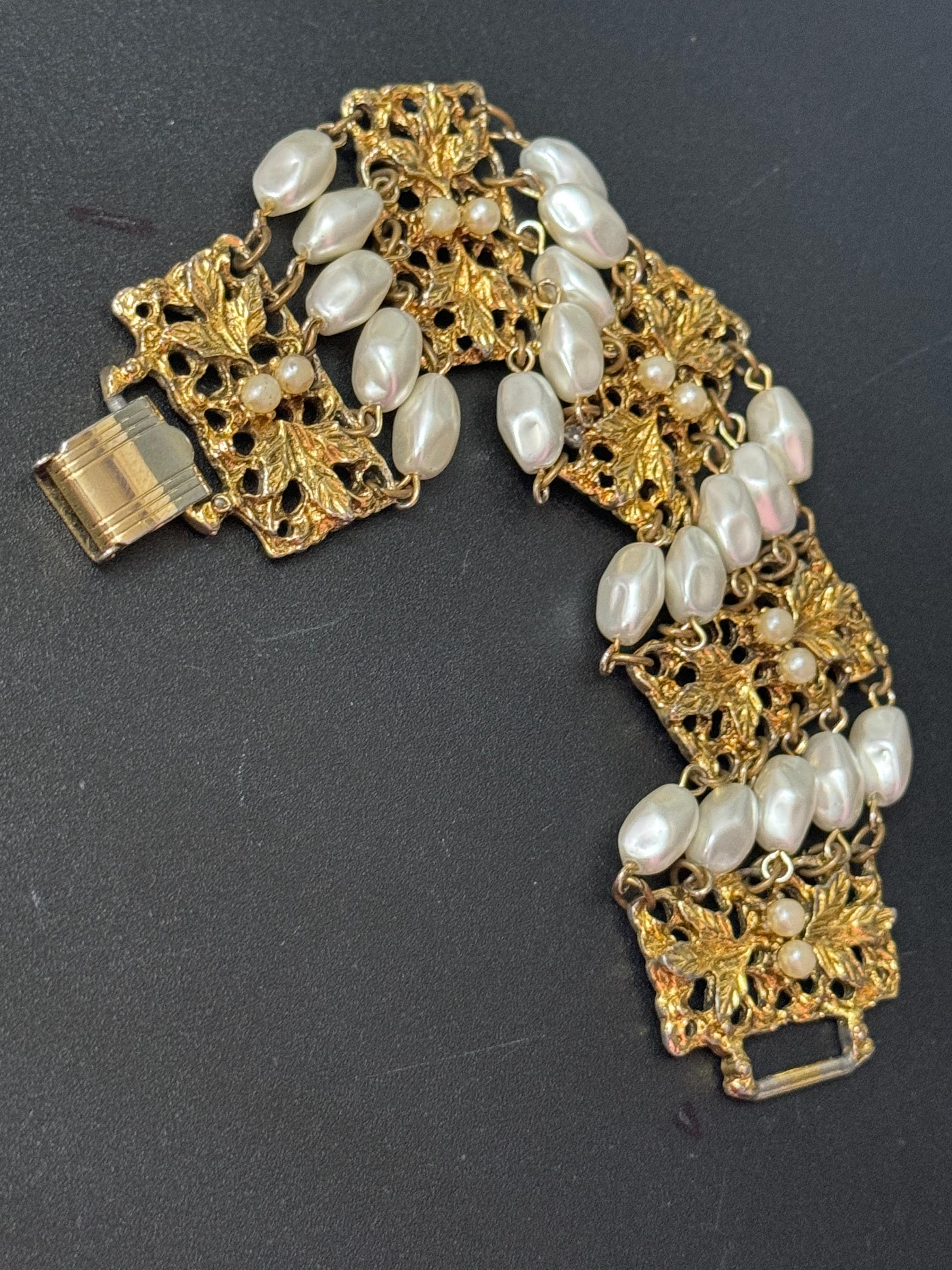 Signed Celebrity Vintage wide gold tone ornate faux pearl chain link modernist bracelet 1970s 1960s statement mid century