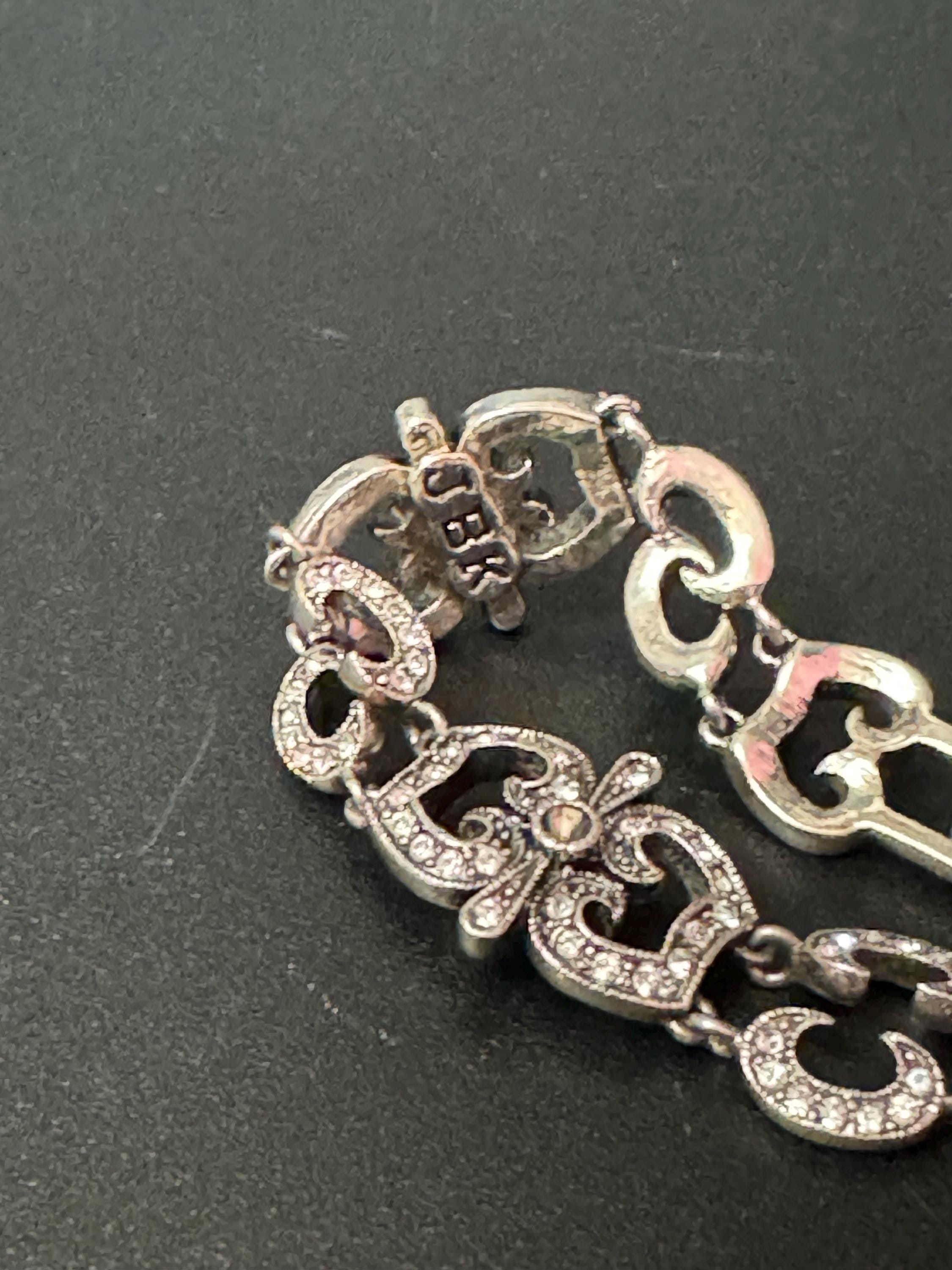 Signed JBK Jaqueline Kennedy vintage silver plated clear diamanté art deco panel bracelet with extender links
