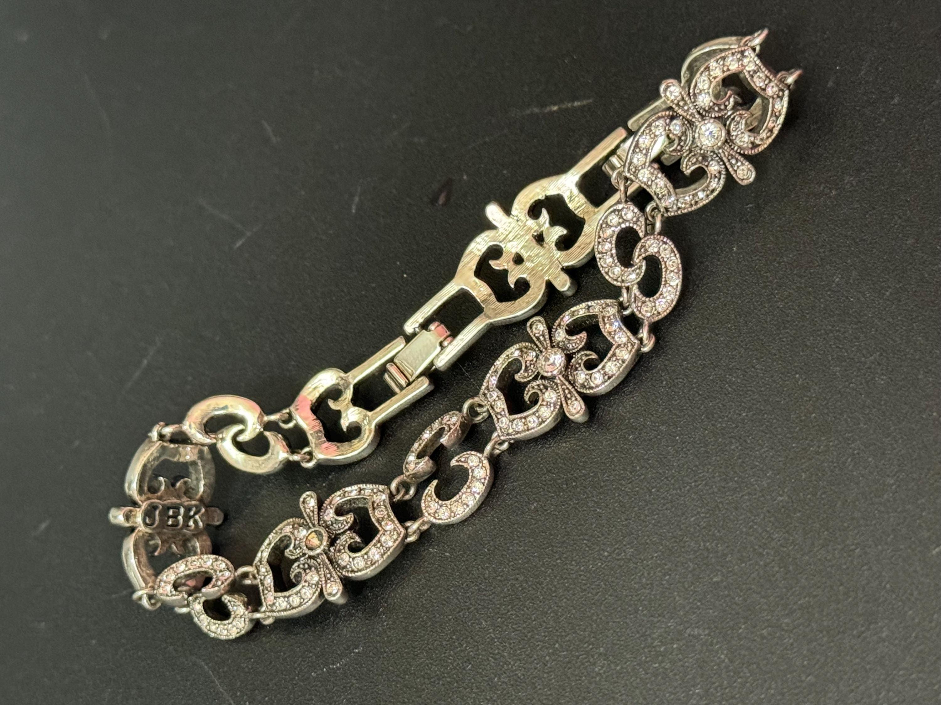 Signed JBK Jaqueline Kennedy vintage silver plated clear diamanté art deco panel bracelet with extender links