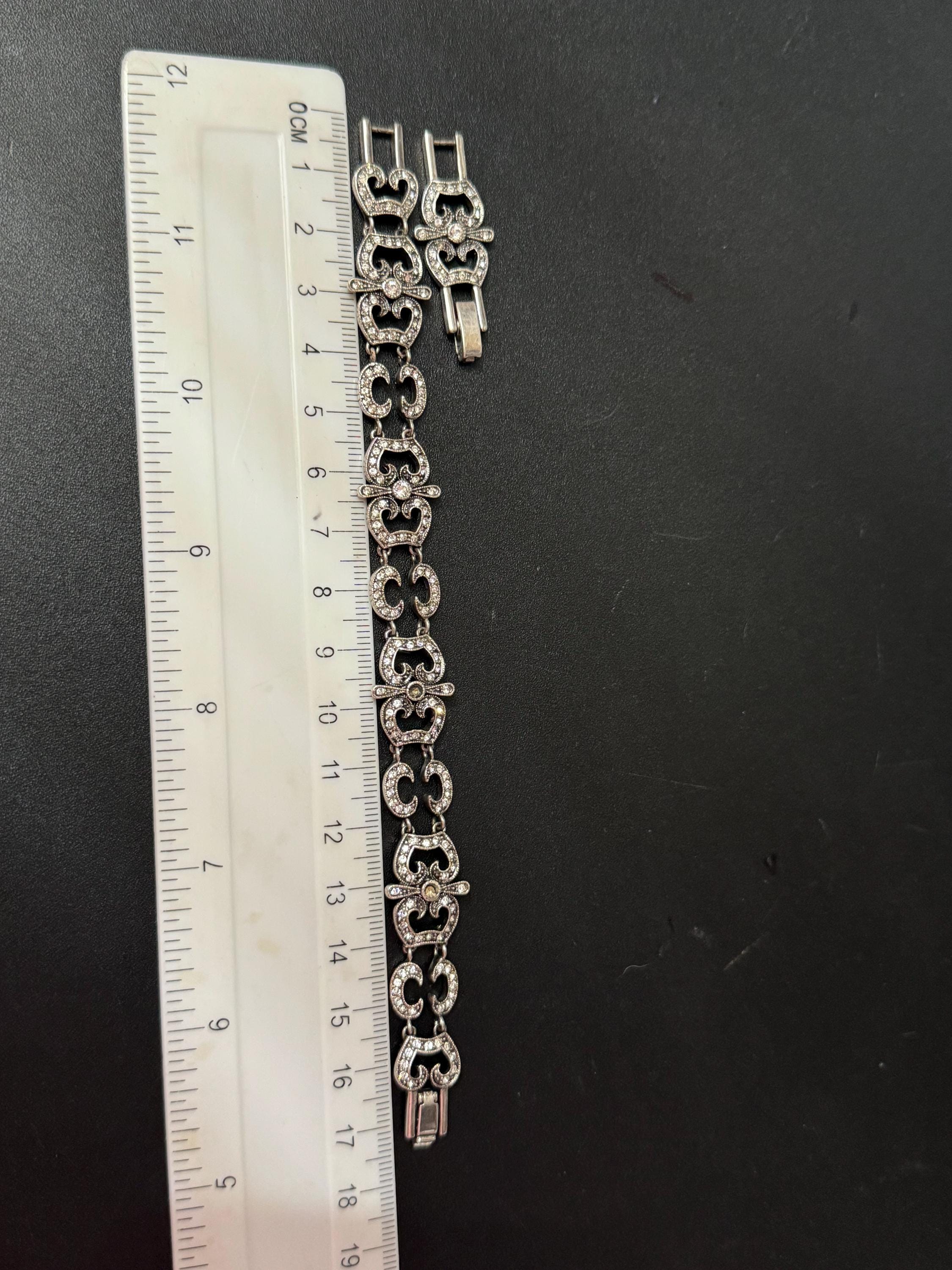 Signed JBK Jaqueline Kennedy vintage silver plated clear diamanté art deco panel bracelet with extender links