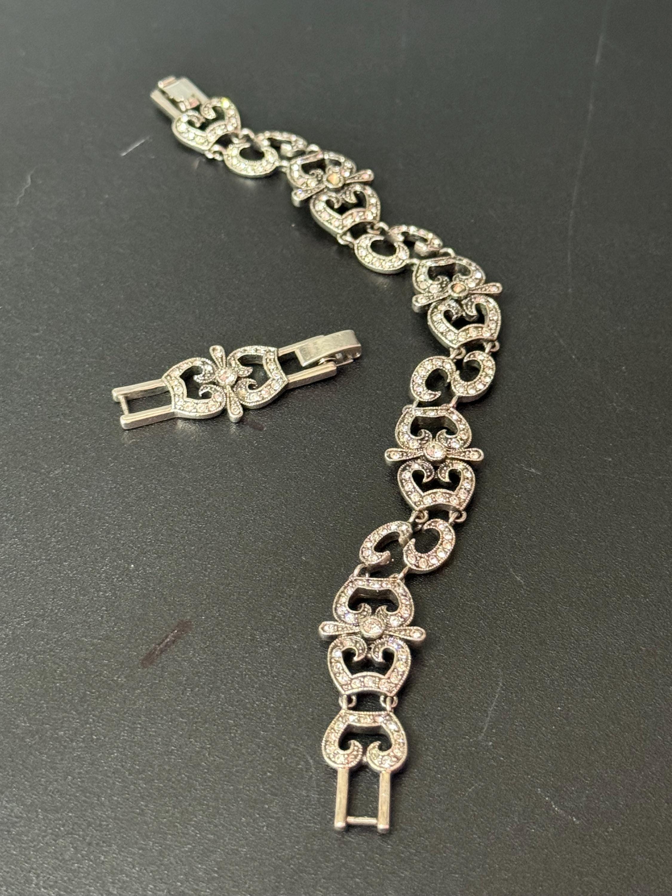 Signed JBK Jaqueline Kennedy vintage silver plated clear diamanté art deco panel bracelet with extender links