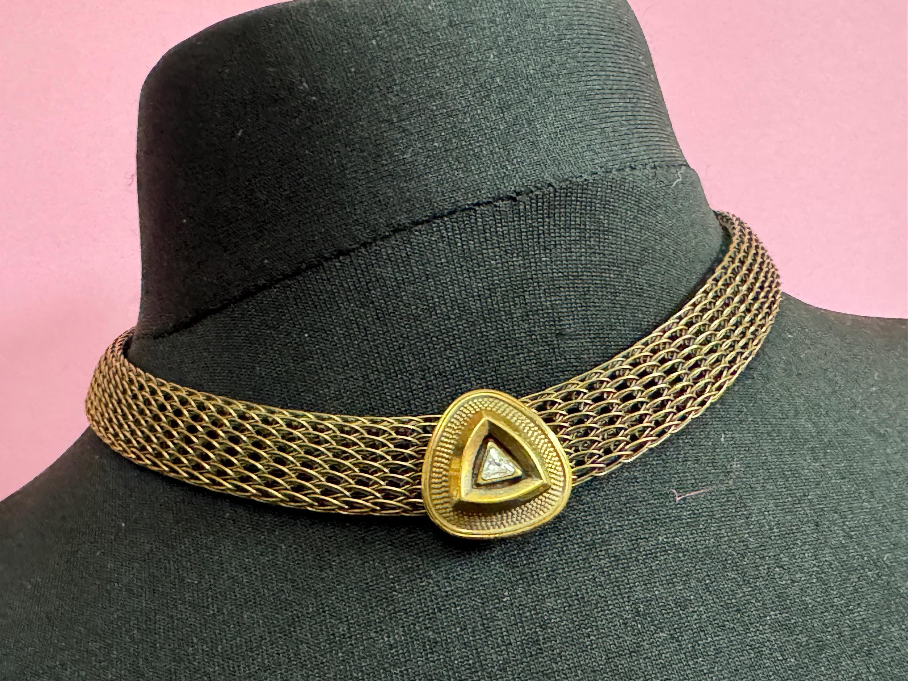 Vintage 1980s woven dark Copper gold tone wide flat link choker necklace