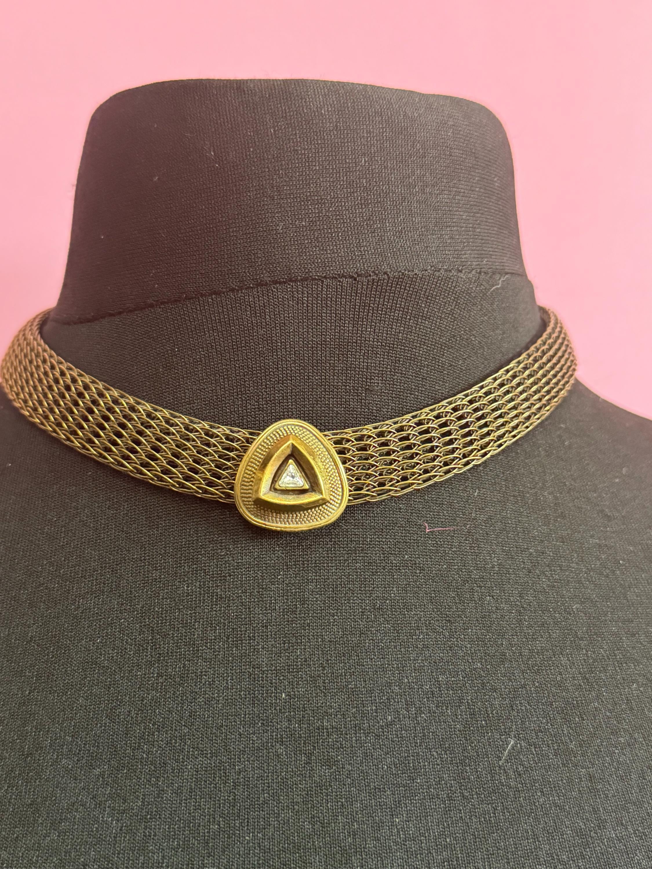 Vintage 1980s woven dark Copper gold tone wide flat link choker necklace