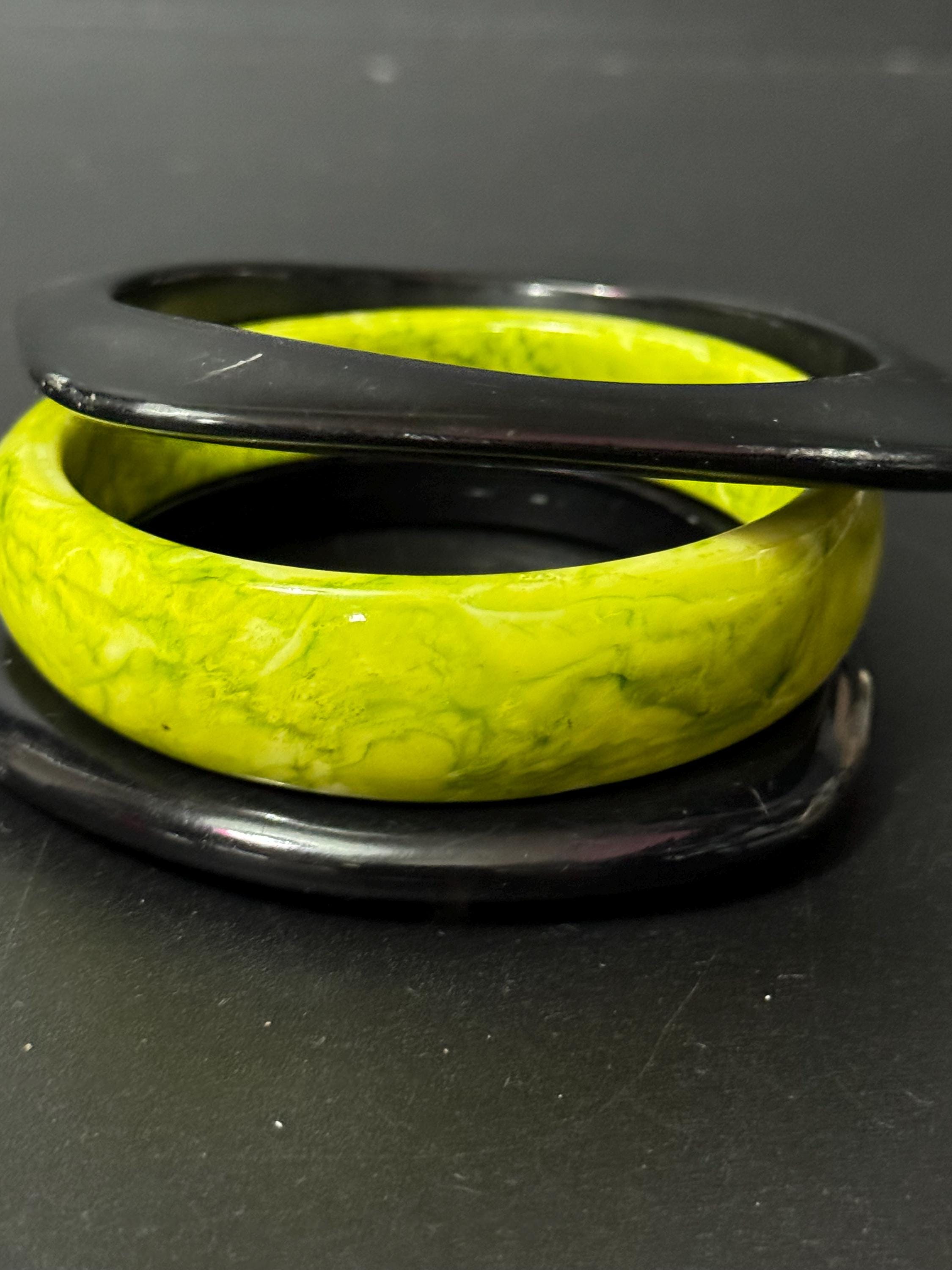 LIME GREEN and black stack of vintage plastic bangles