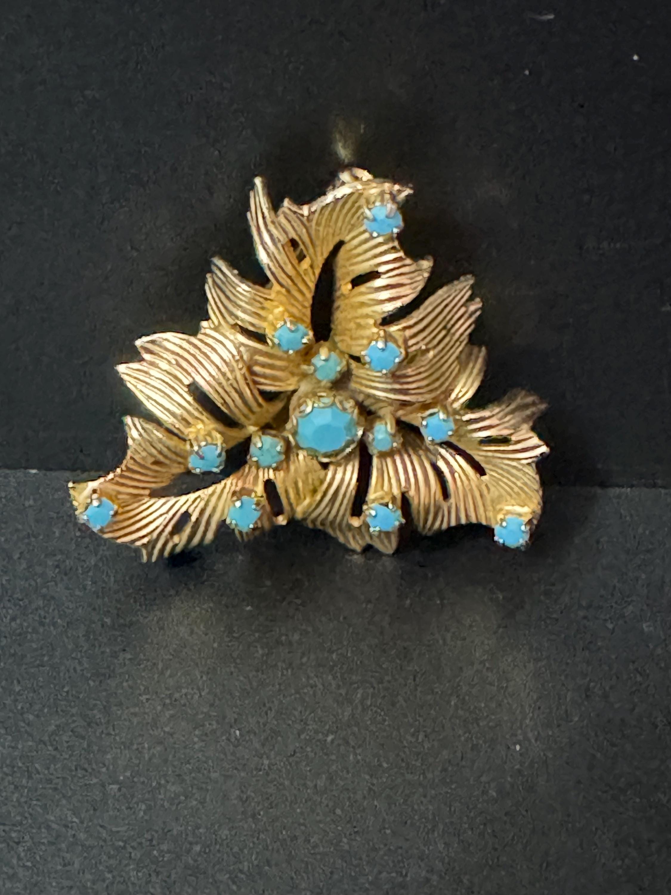vintage gold plated triangular turquoise paste brooch mid century