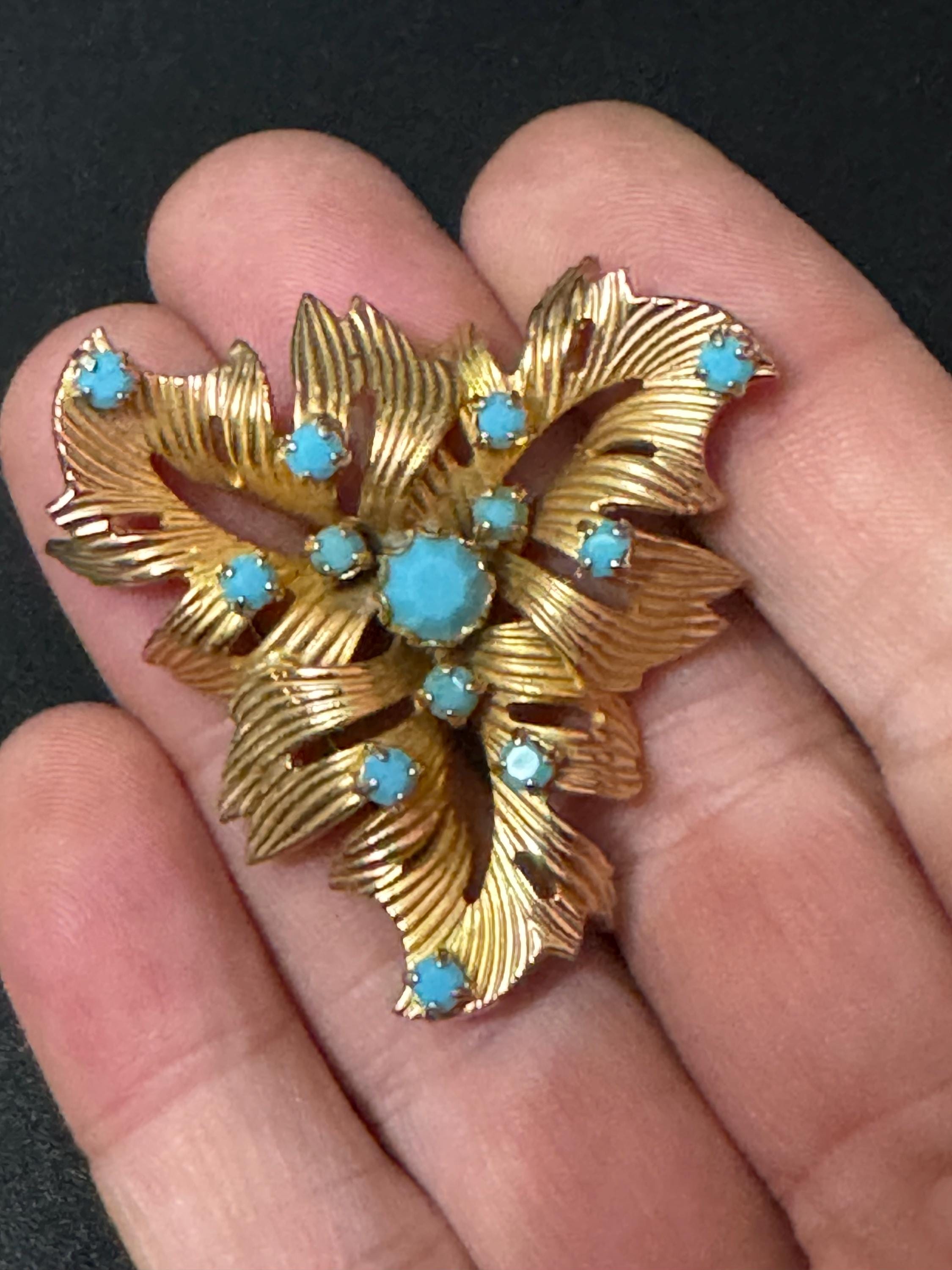 vintage gold plated triangular turquoise paste brooch mid century