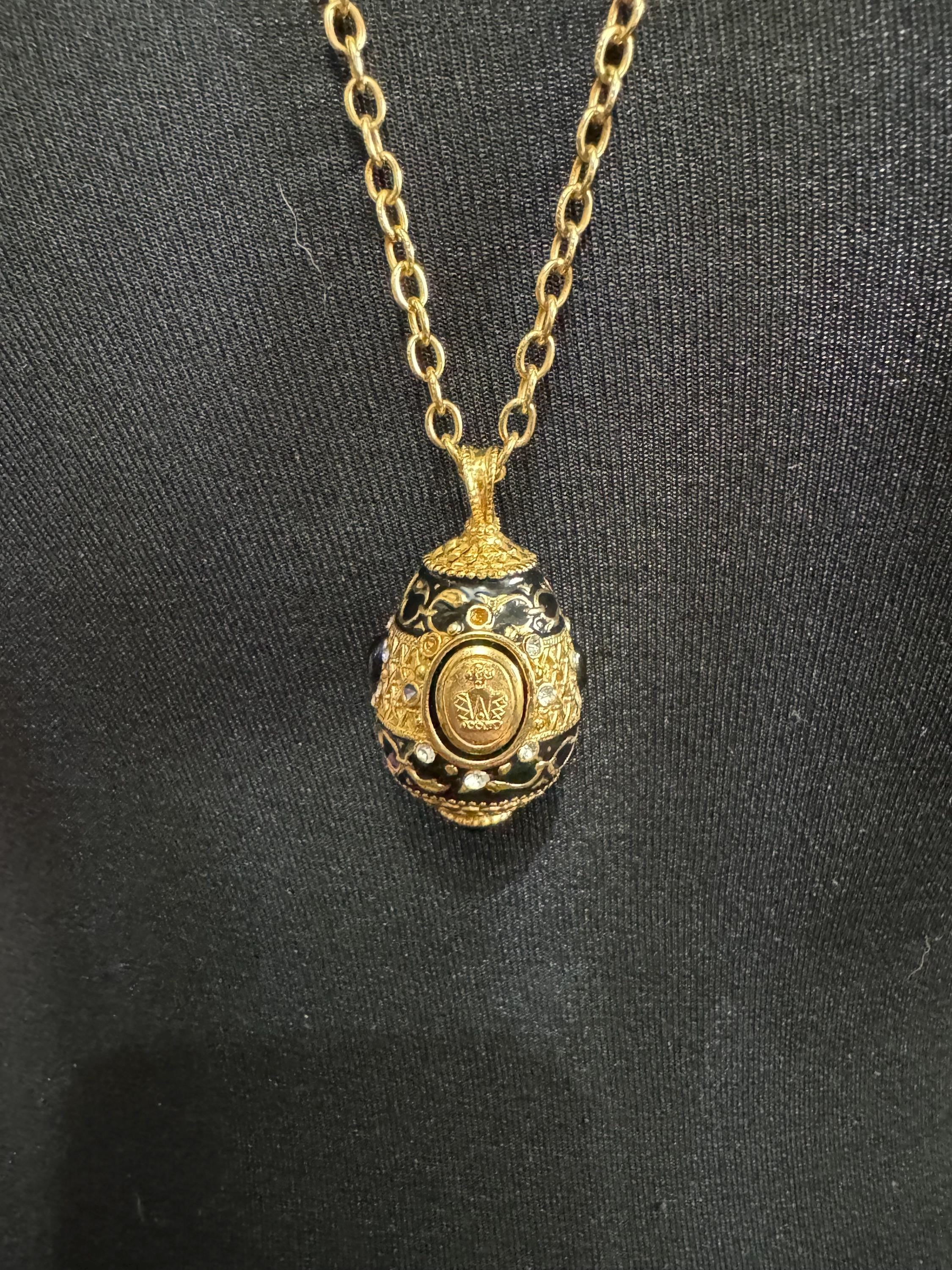 Joan Rivers Faberge Style Egg Pendant Necklace: Black Enamel Diamanté, 84cm Chain