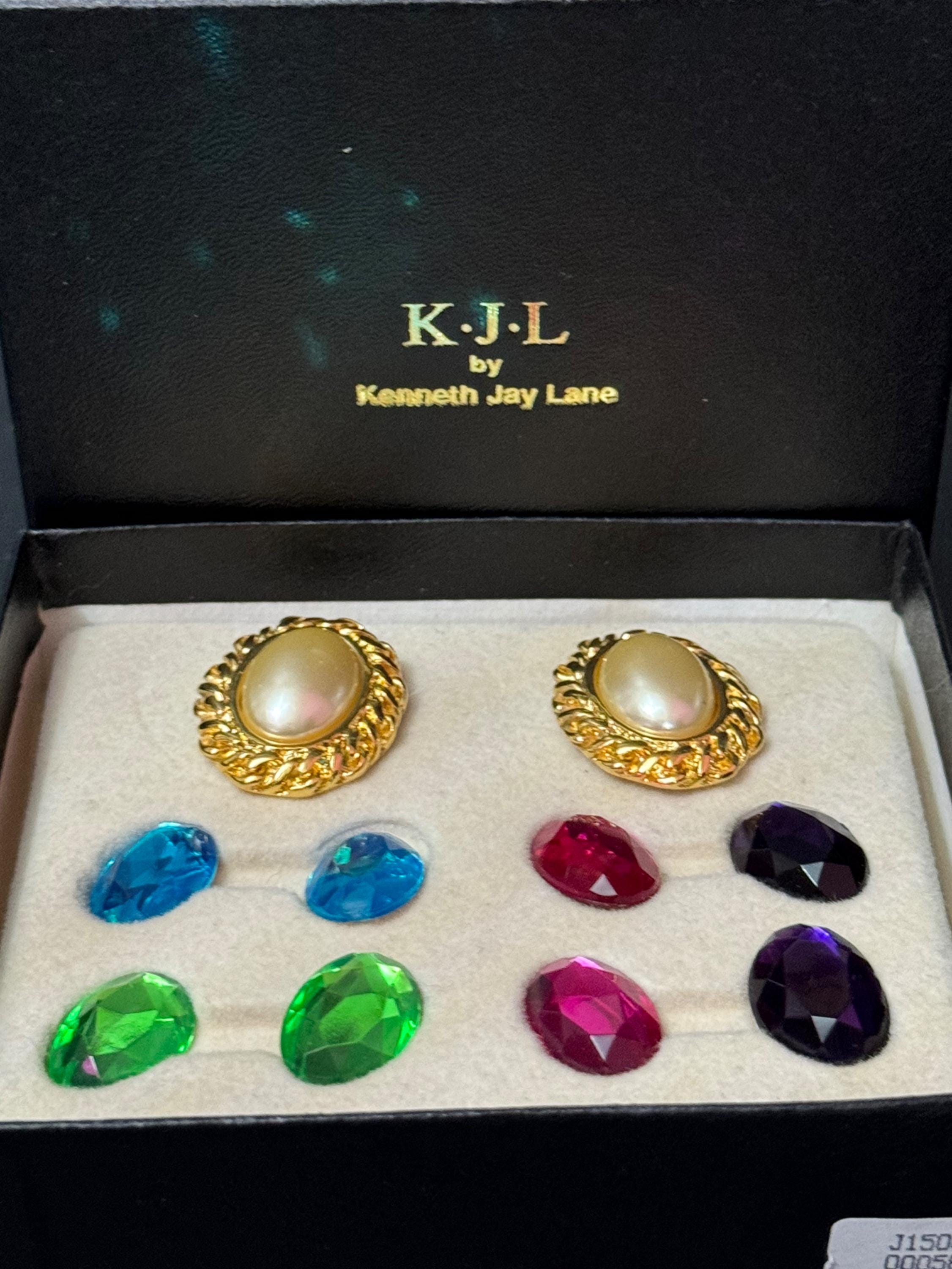Signed KJL boxed set of interchangeable oval cabochon stud pierced earrings Kenneth lane