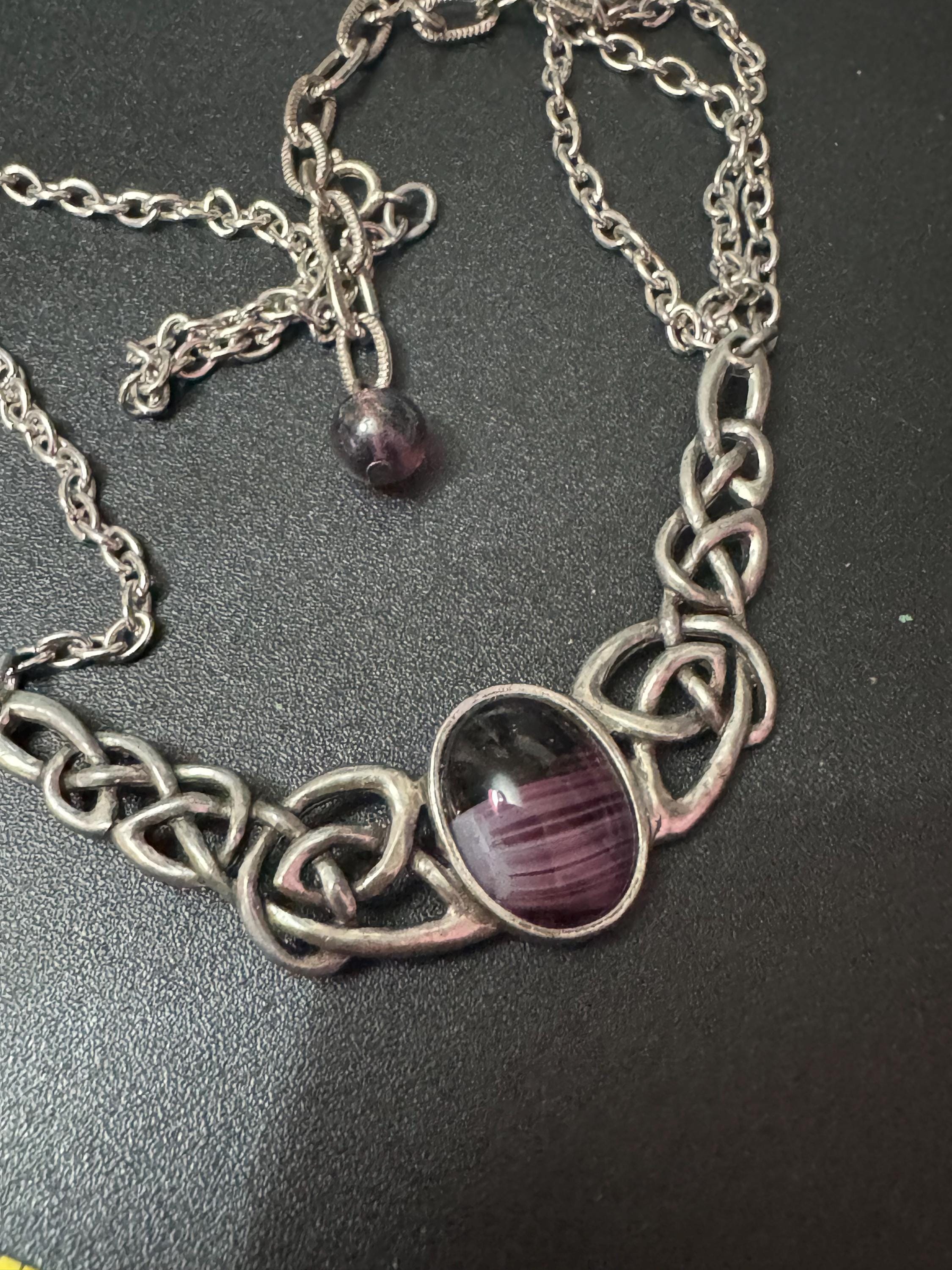 Signed Miracle vintage purple marbled givre cabochon Scottish Celtic Pendant necklace silver tone