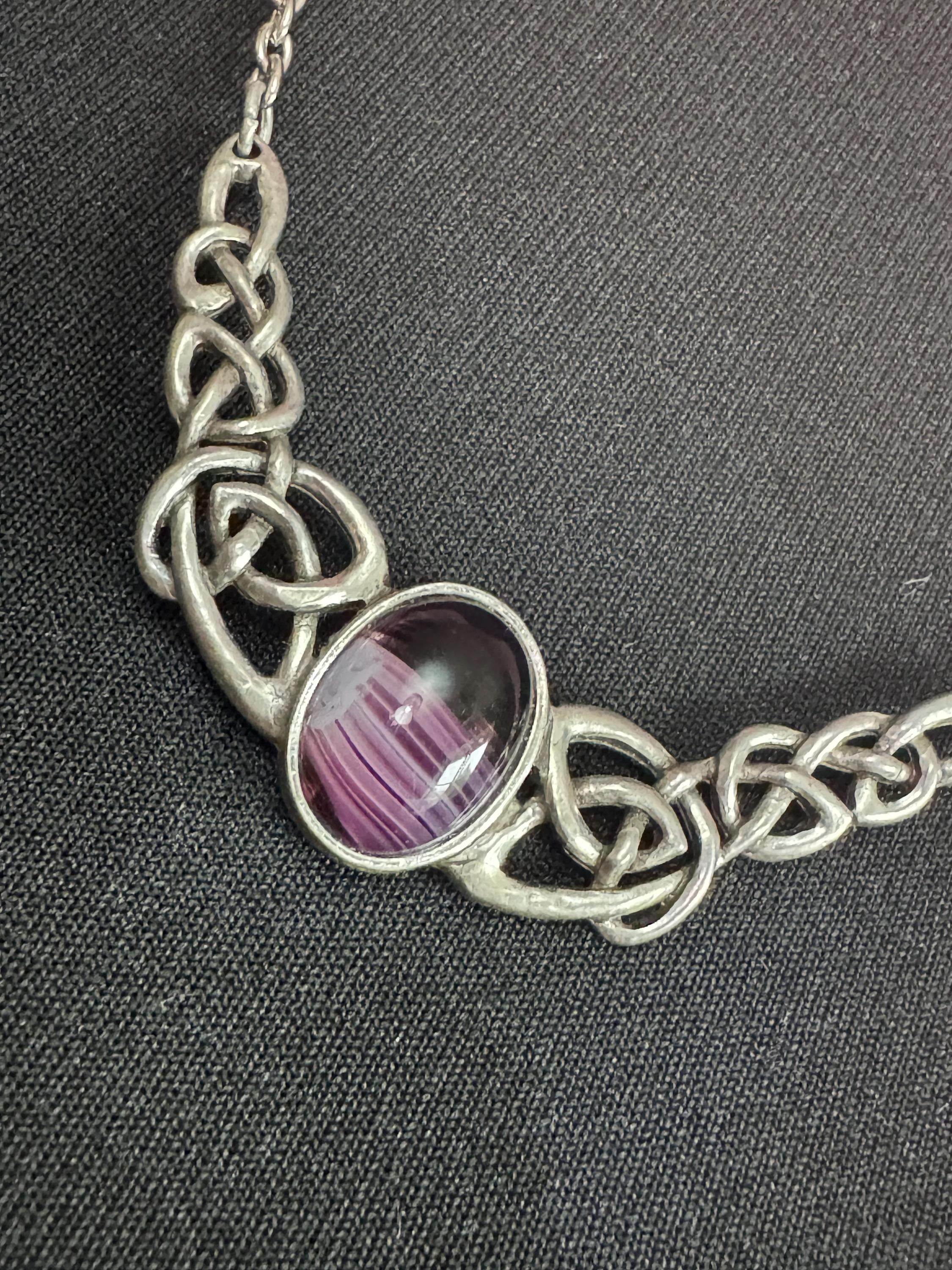 Signed Miracle vintage purple marbled givre cabochon Scottish Celtic Pendant necklace silver tone