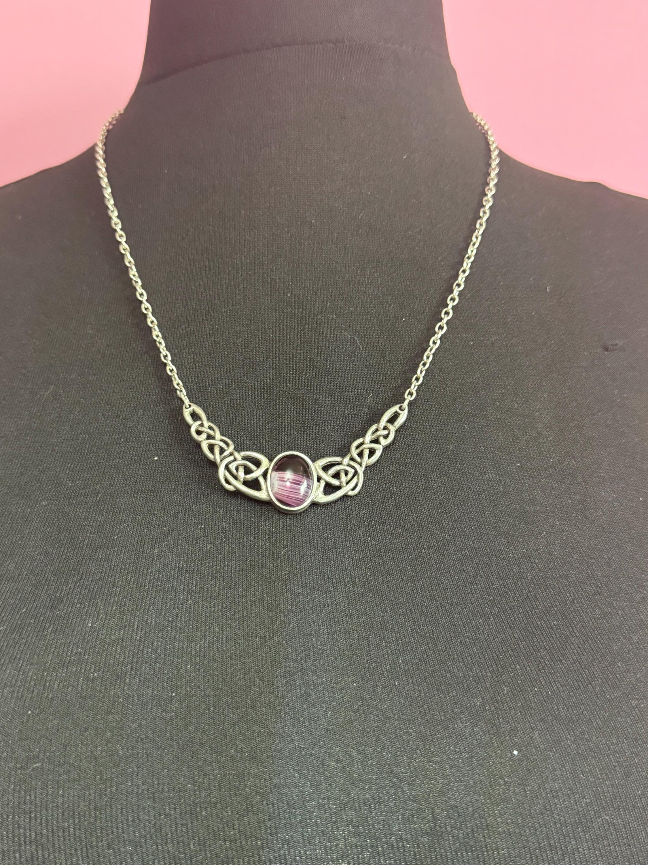 Signed Miracle vintage purple marbled givre cabochon Scottish Celtic Pendant necklace silver tone