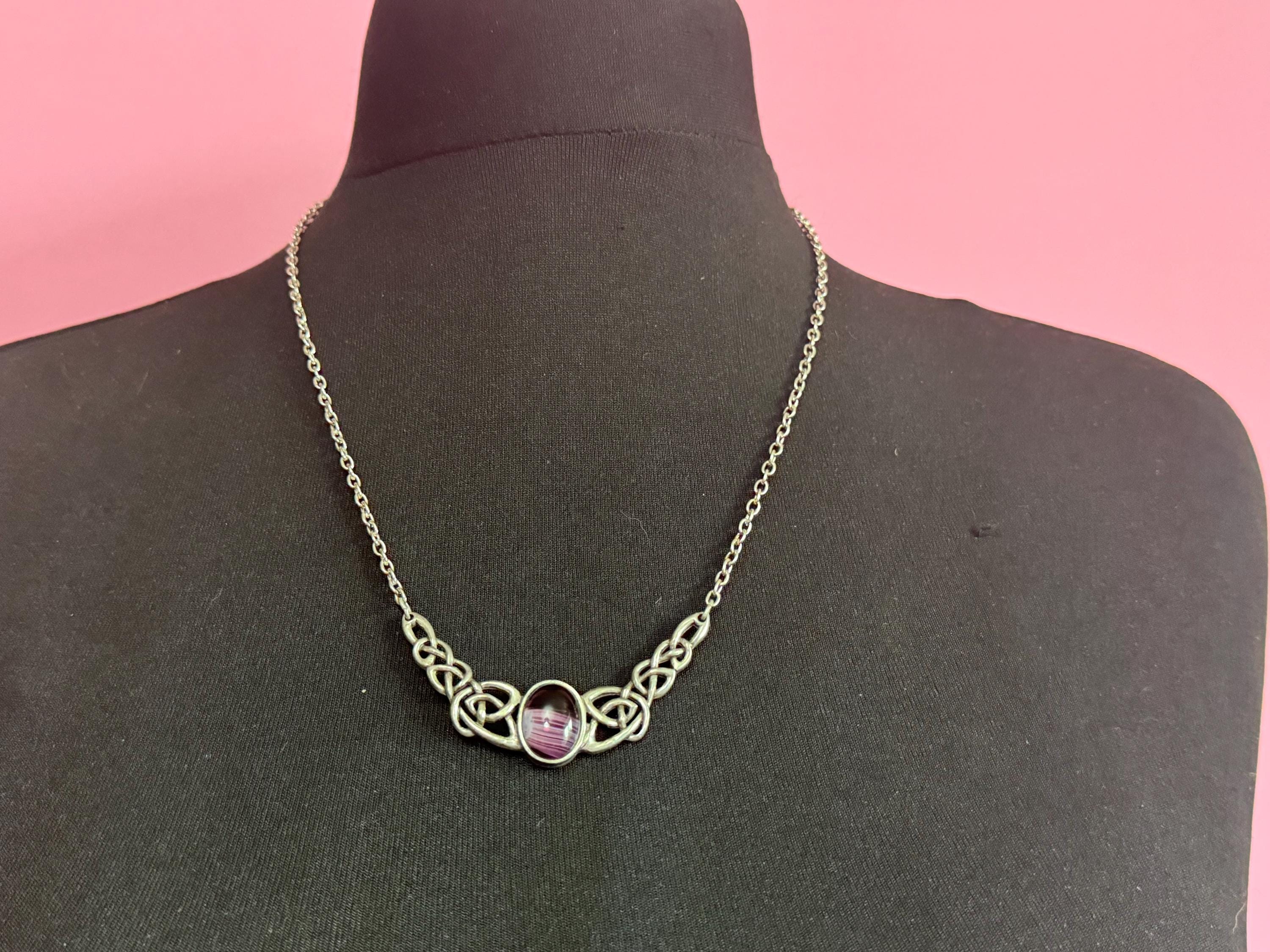 Signed Miracle vintage purple marbled givre cabochon Scottish Celtic Pendant necklace silver tone