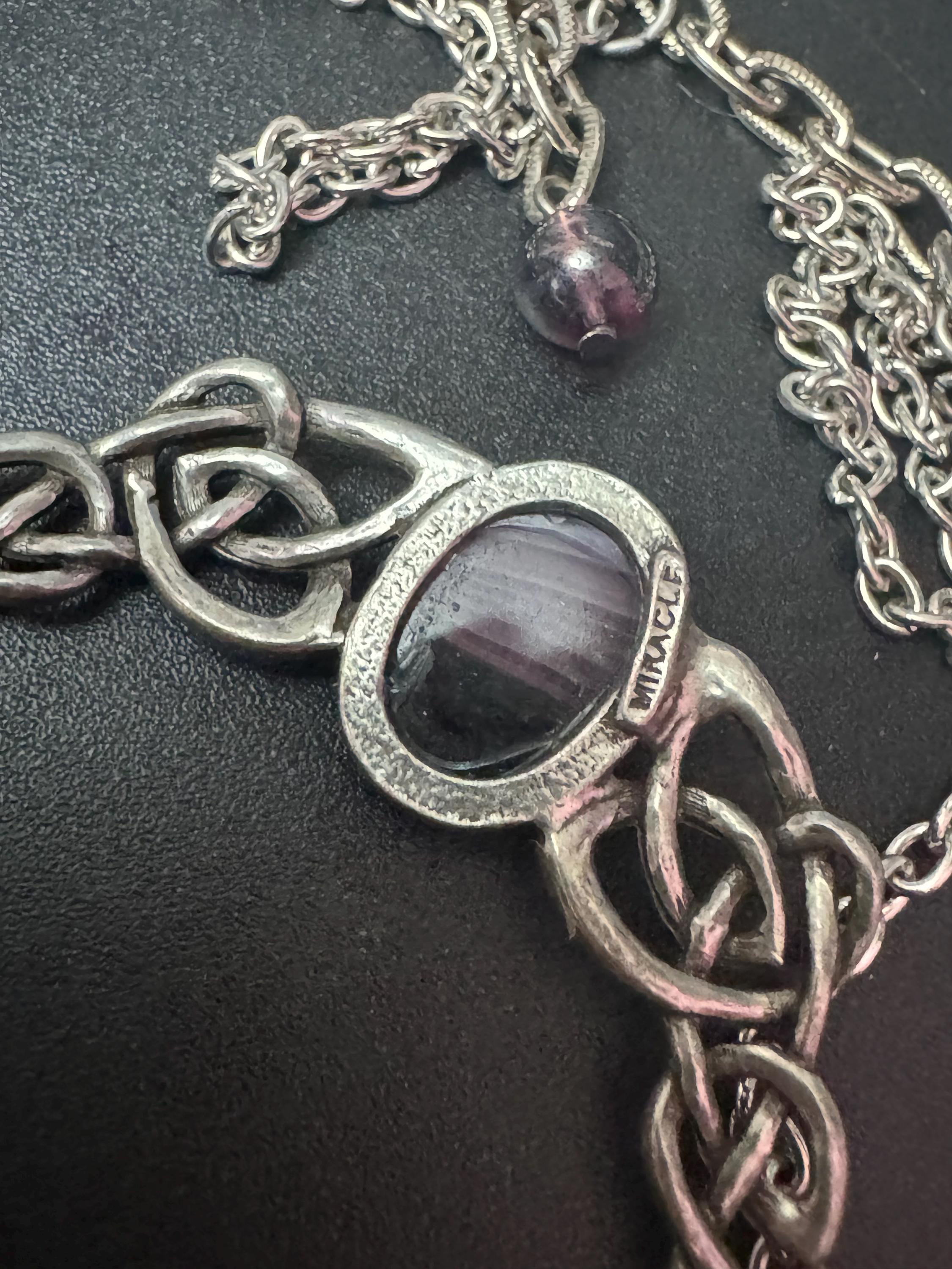Signed Miracle vintage purple marbled givre cabochon Scottish Celtic Pendant necklace silver tone