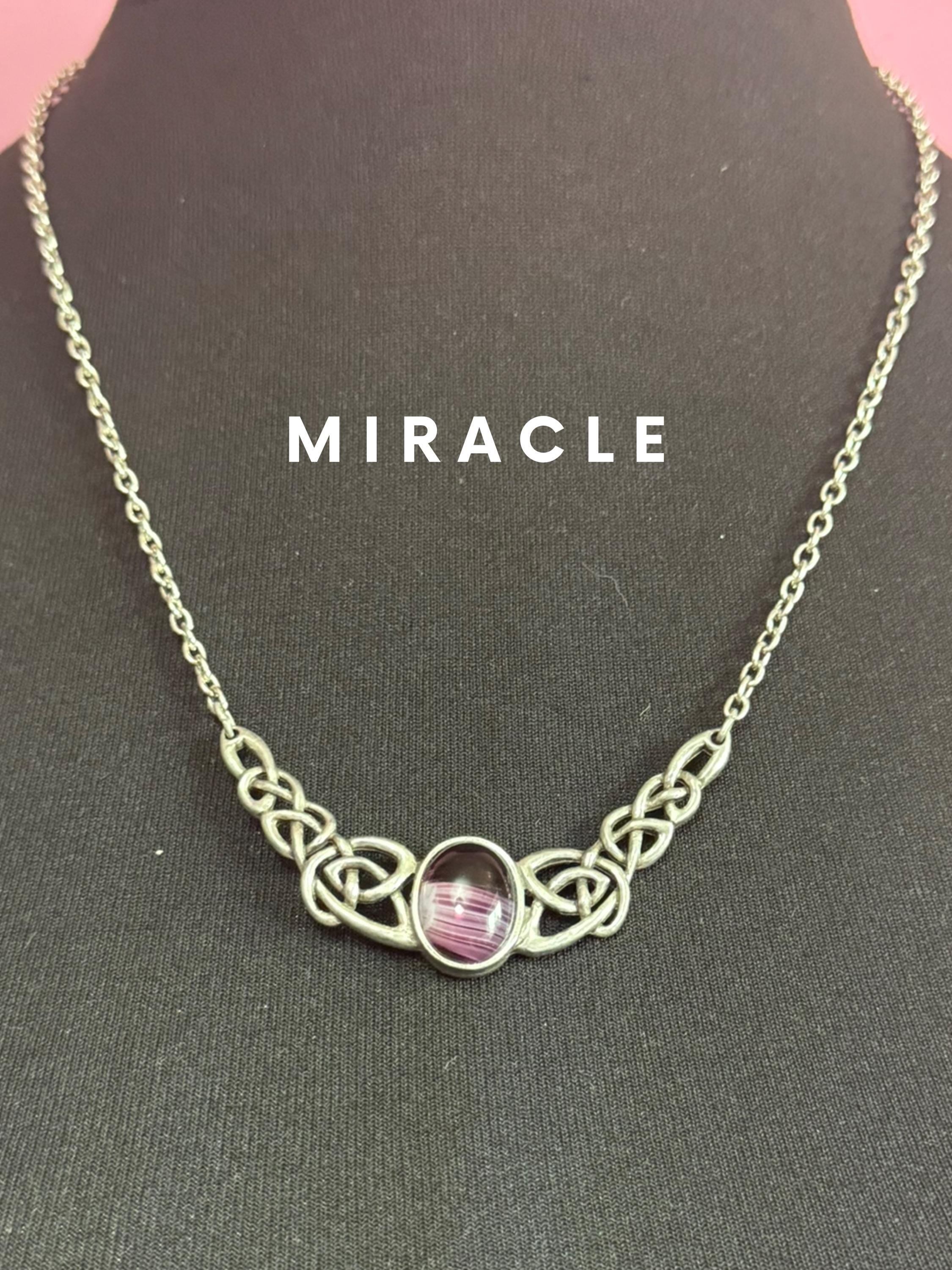 Signed Miracle vintage purple marbled givre cabochon Scottish Celtic Pendant necklace silver tone