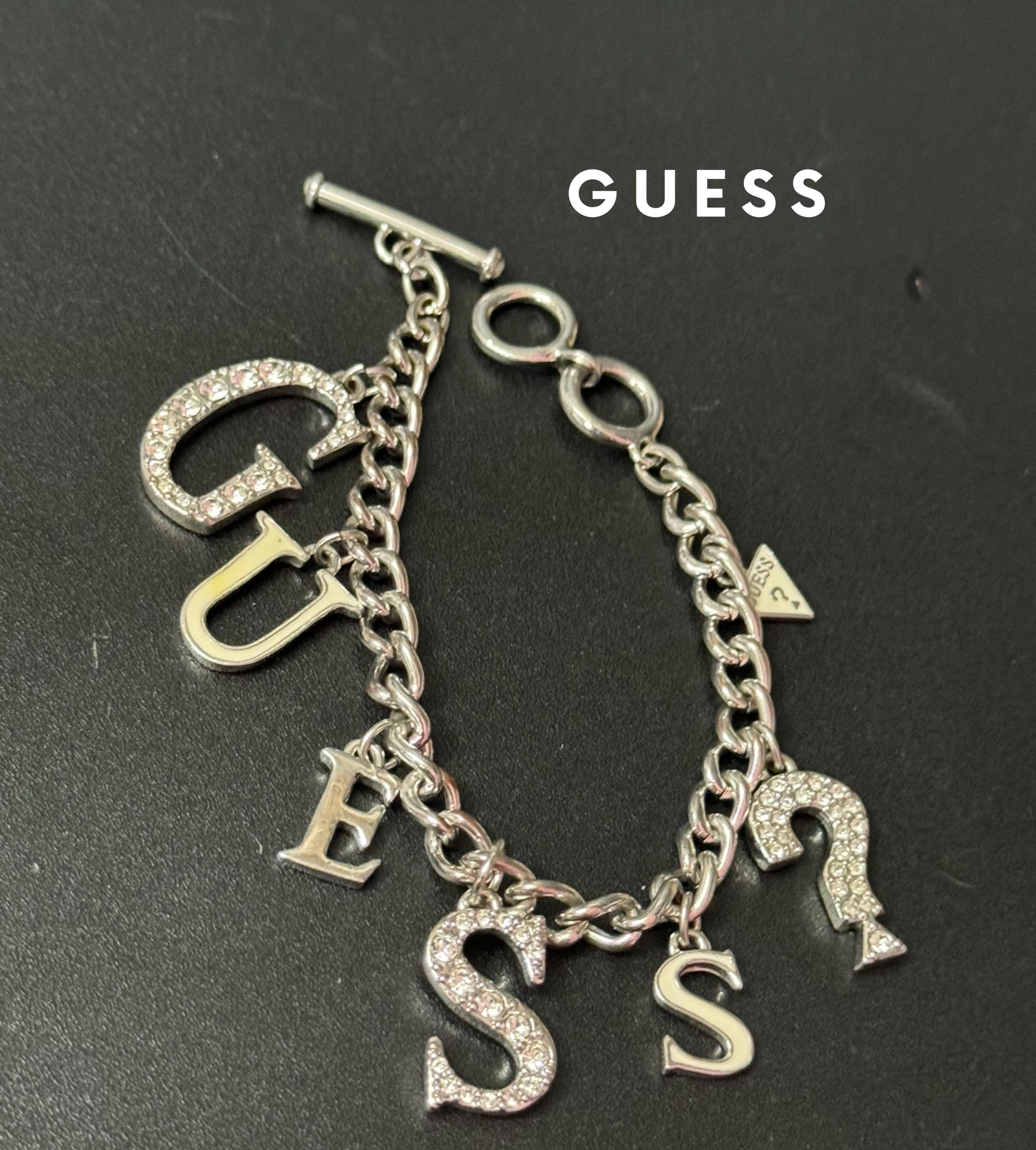 Signed guess Retro silver tone chain link chunky charm bracelet with diamanté crystals